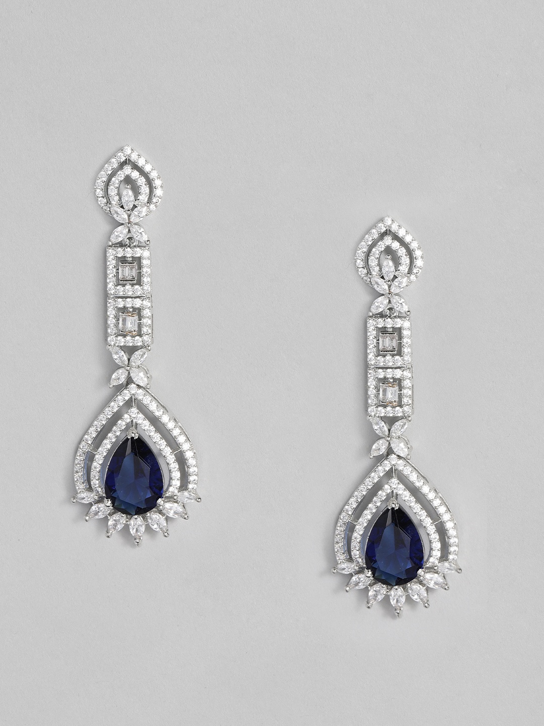 

justpeachy Silver-Toned & Blue Rhodium Plated Contemporary Drop Earrings