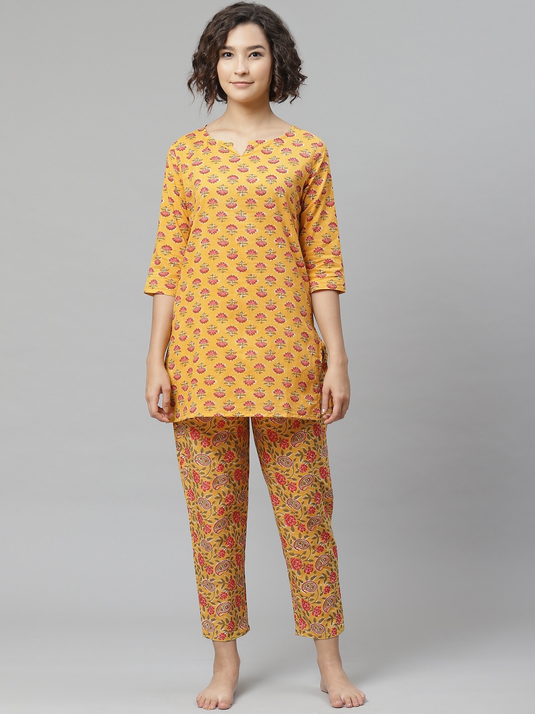 

Anubhutee Women Mustard Yellow & Red Printed Pure Cotton Night suit