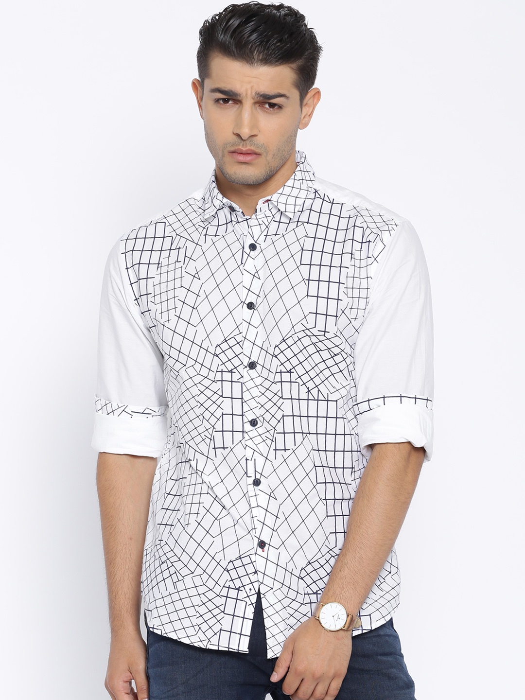 

Locomotive White & Navy Printed Slim Casual Shirt