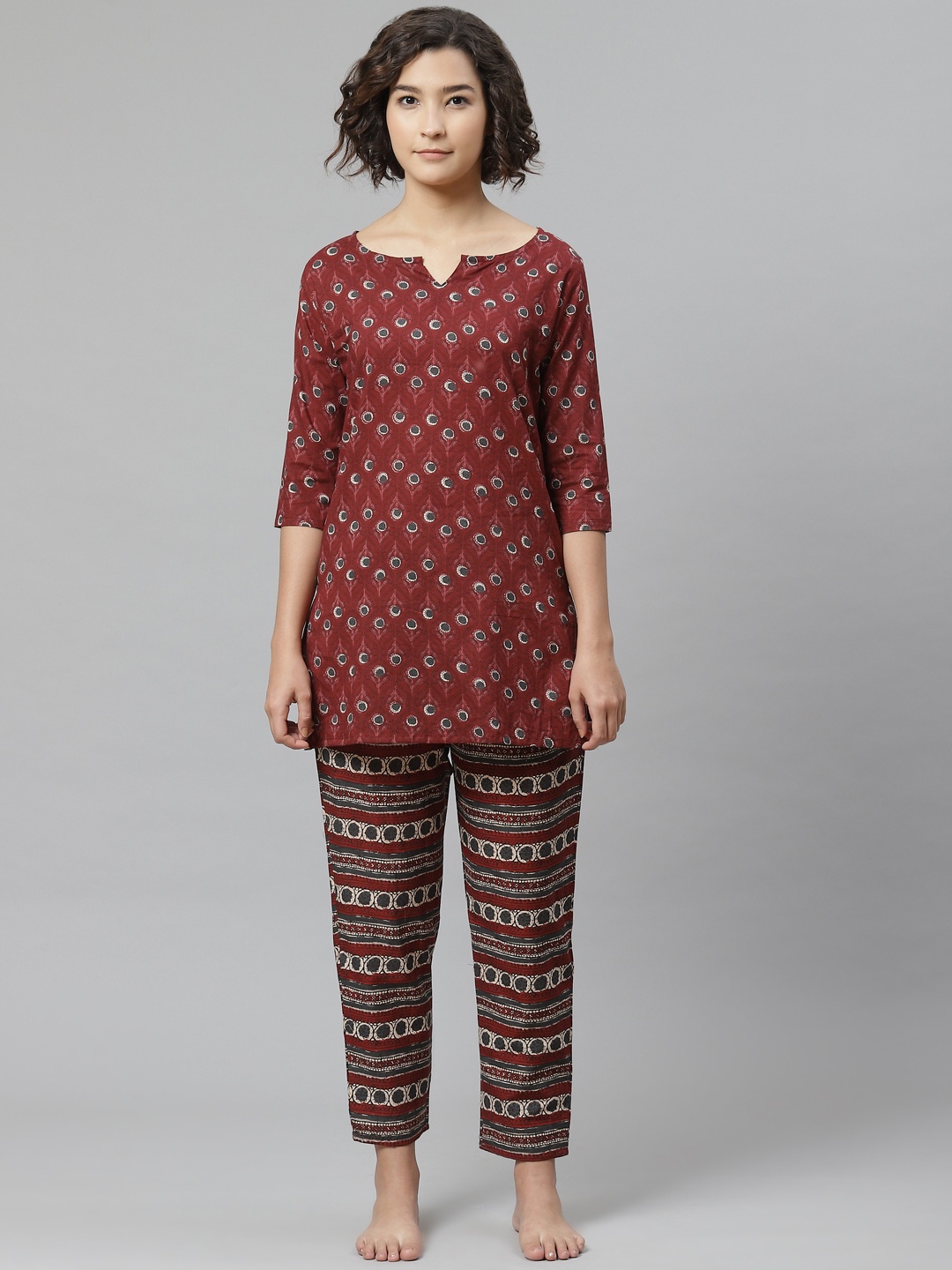 

Anubhutee Women Maroon & White Printed Pure Cotton Night suit