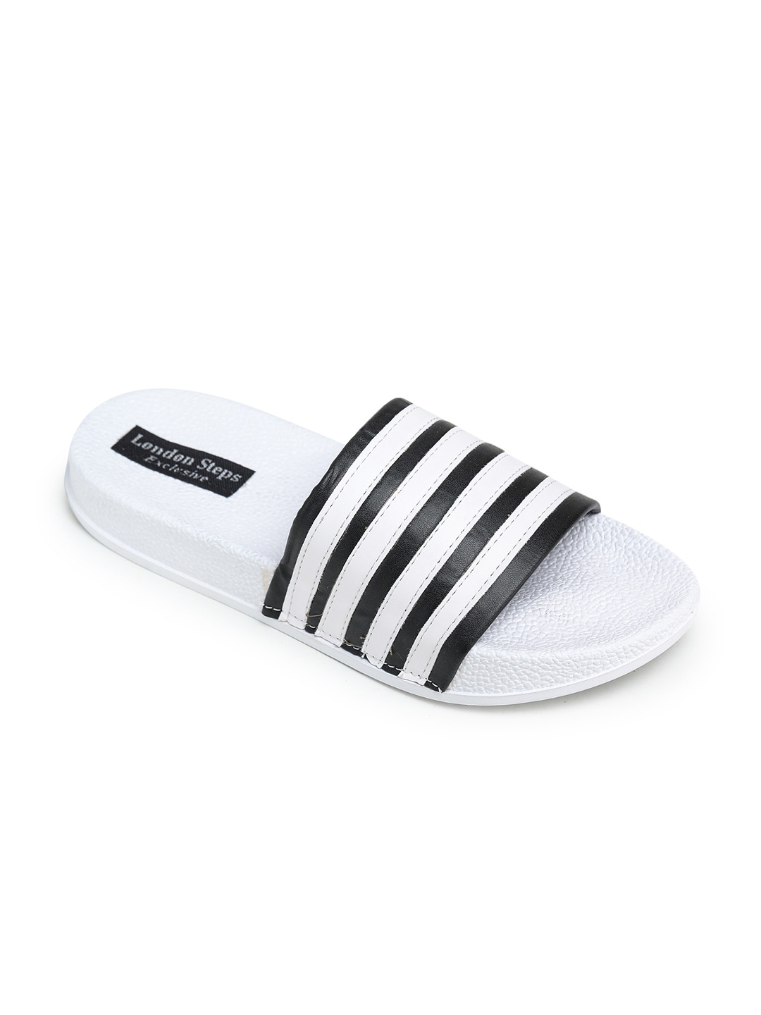 

LONDON STEPS Men White & Black Striped Sliders