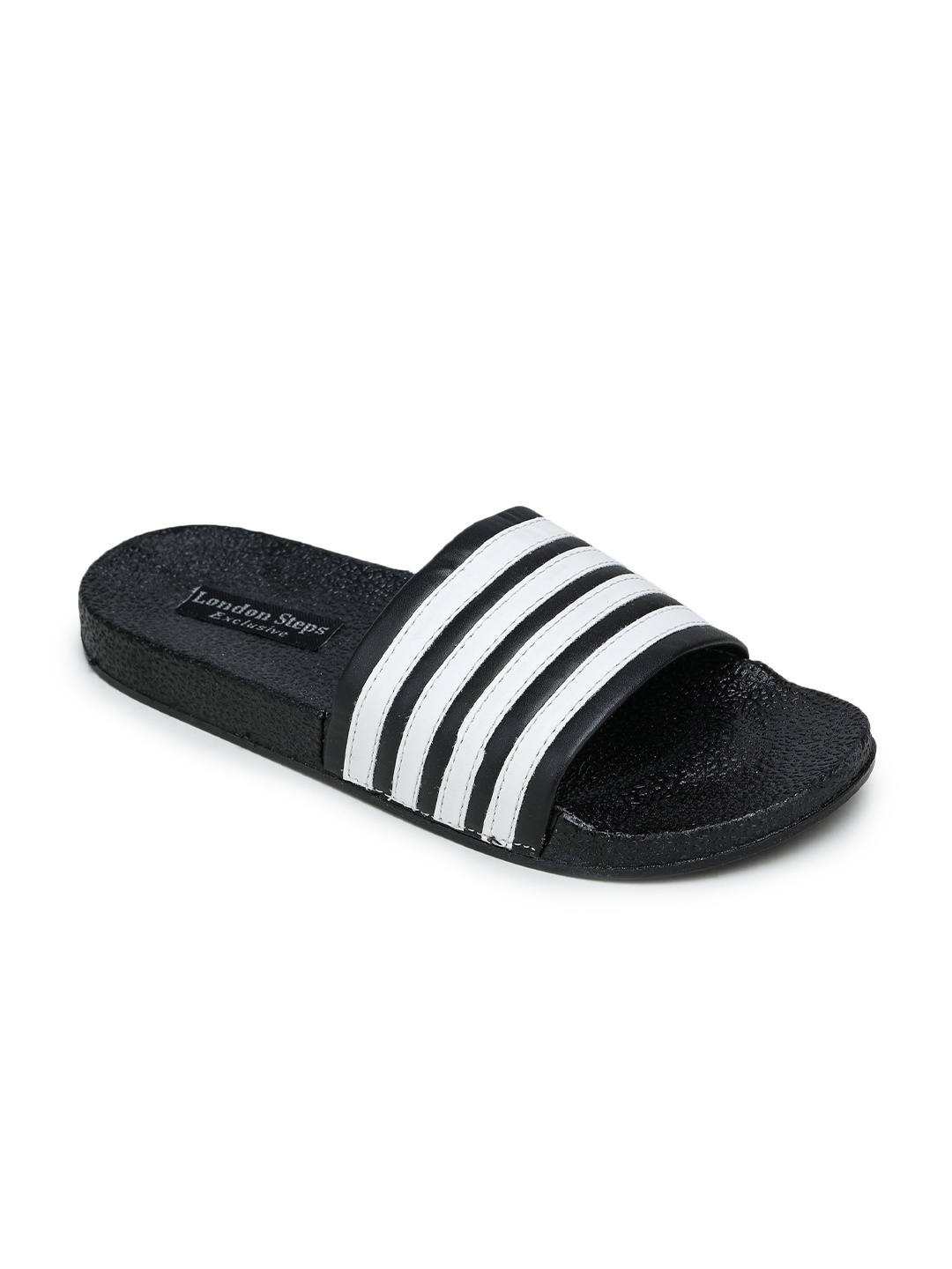 

LONDON STEPS Men Black & White Striped Sliders