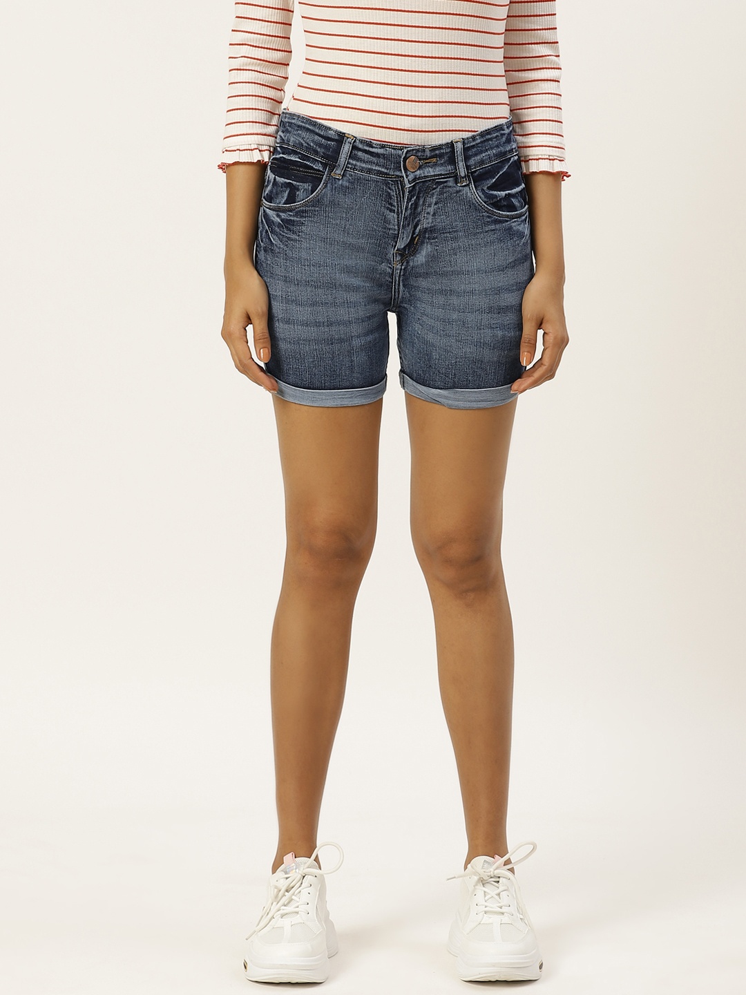 

PARIS HAMILTON Women Navy Blue Washed Regular Fit Denim Shorts