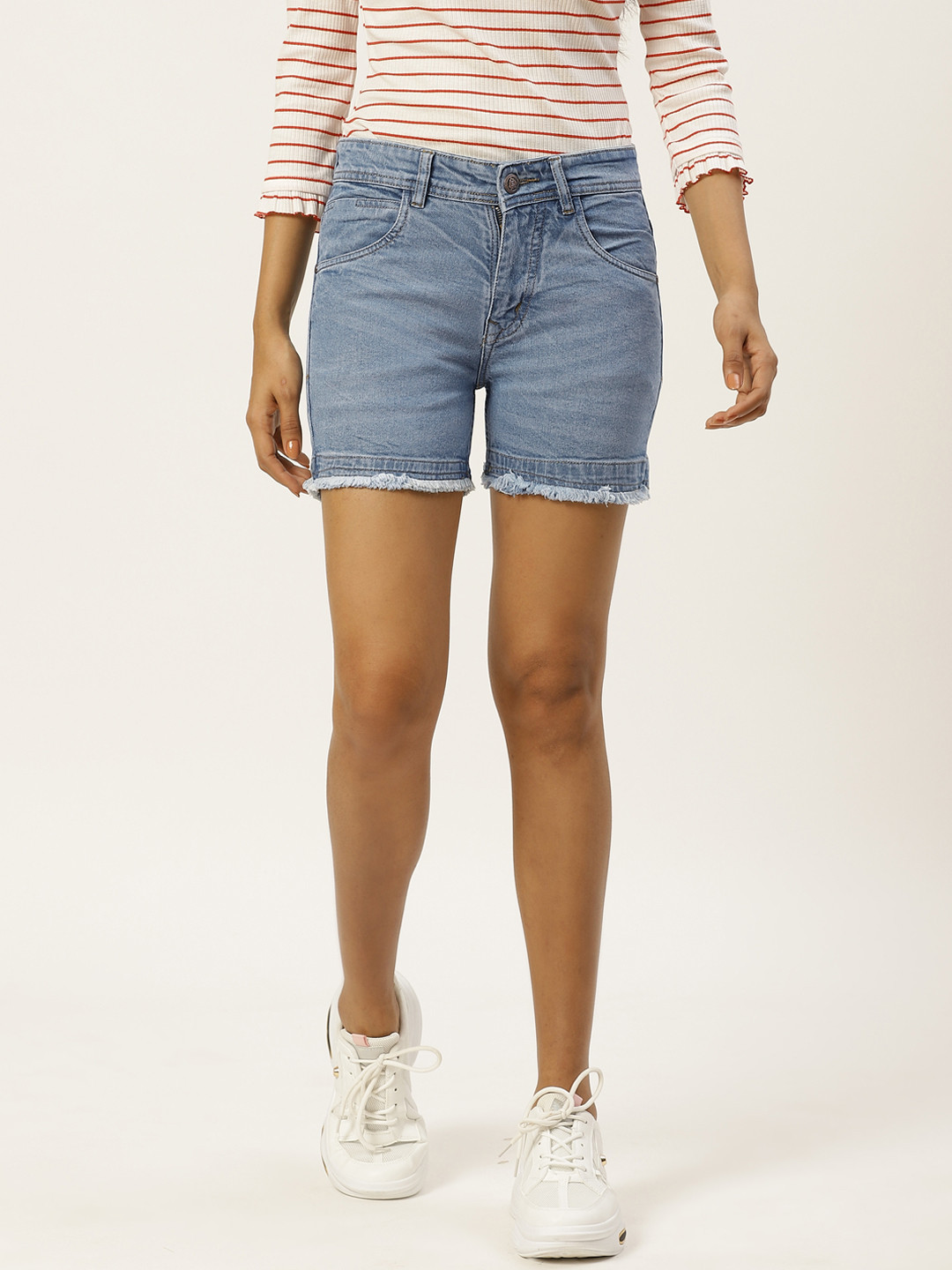 

PARIS HAMILTON Women Blue Solid Regular Fit Denim Shorts With Frayed Hem