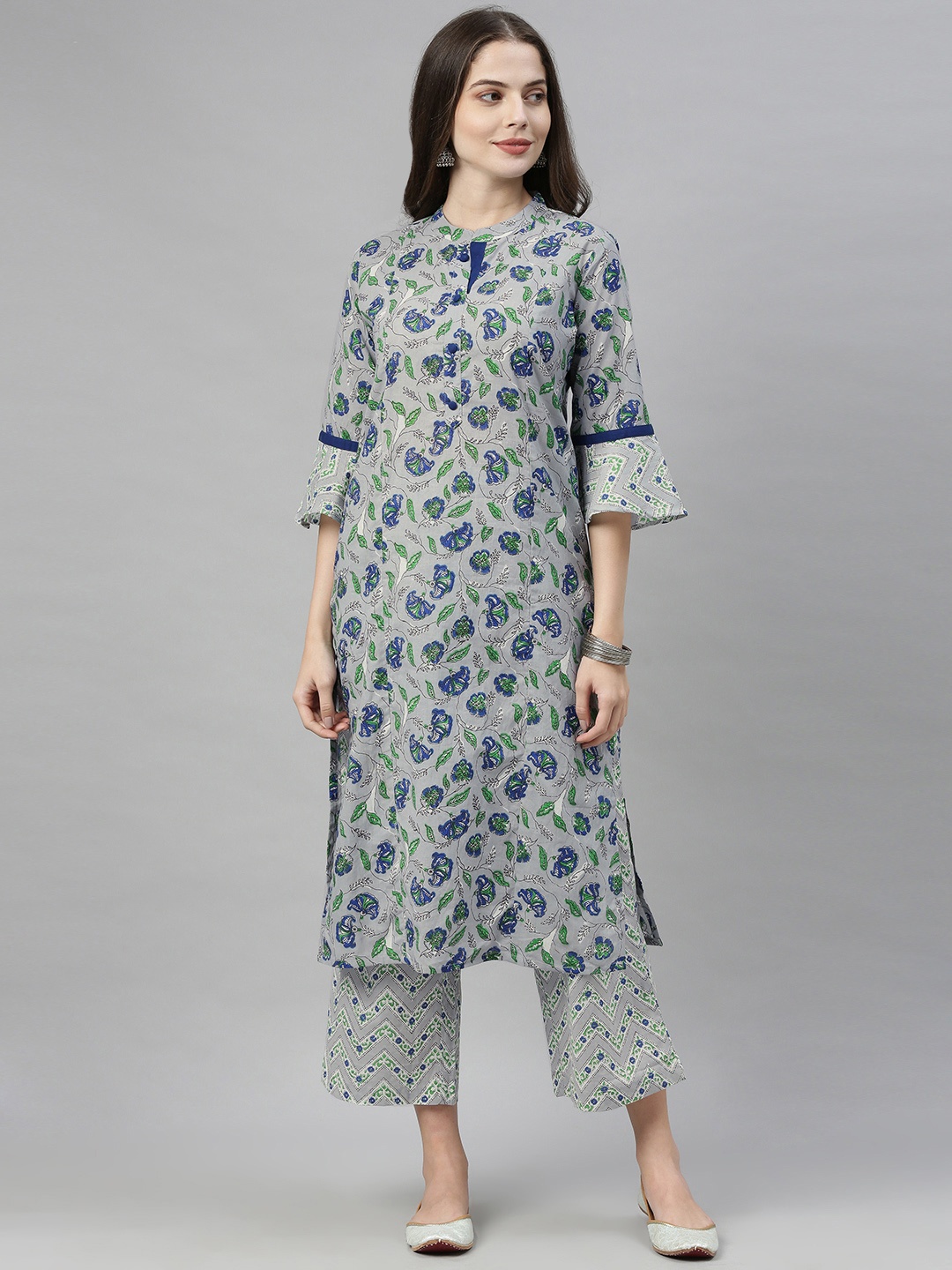 

Alena Women Grey & Green Floral Printed Kurta with Palazzos