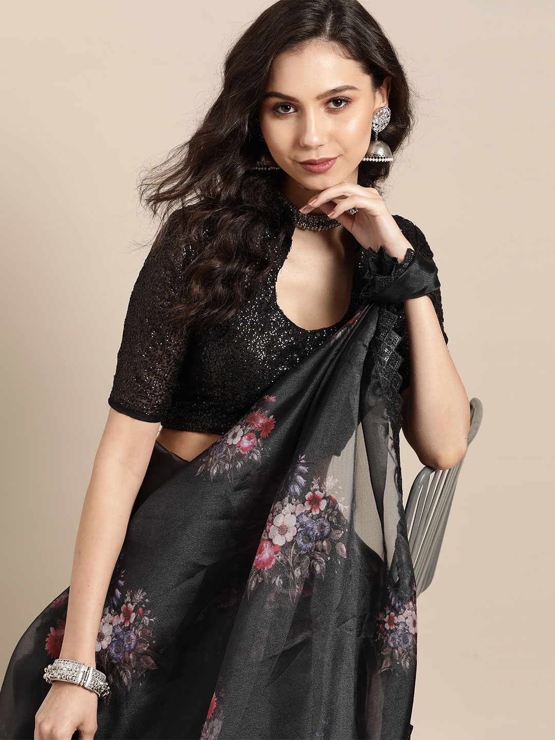 

Tikhi Imli Deep Black Printed Organza Saree with Embellished Border