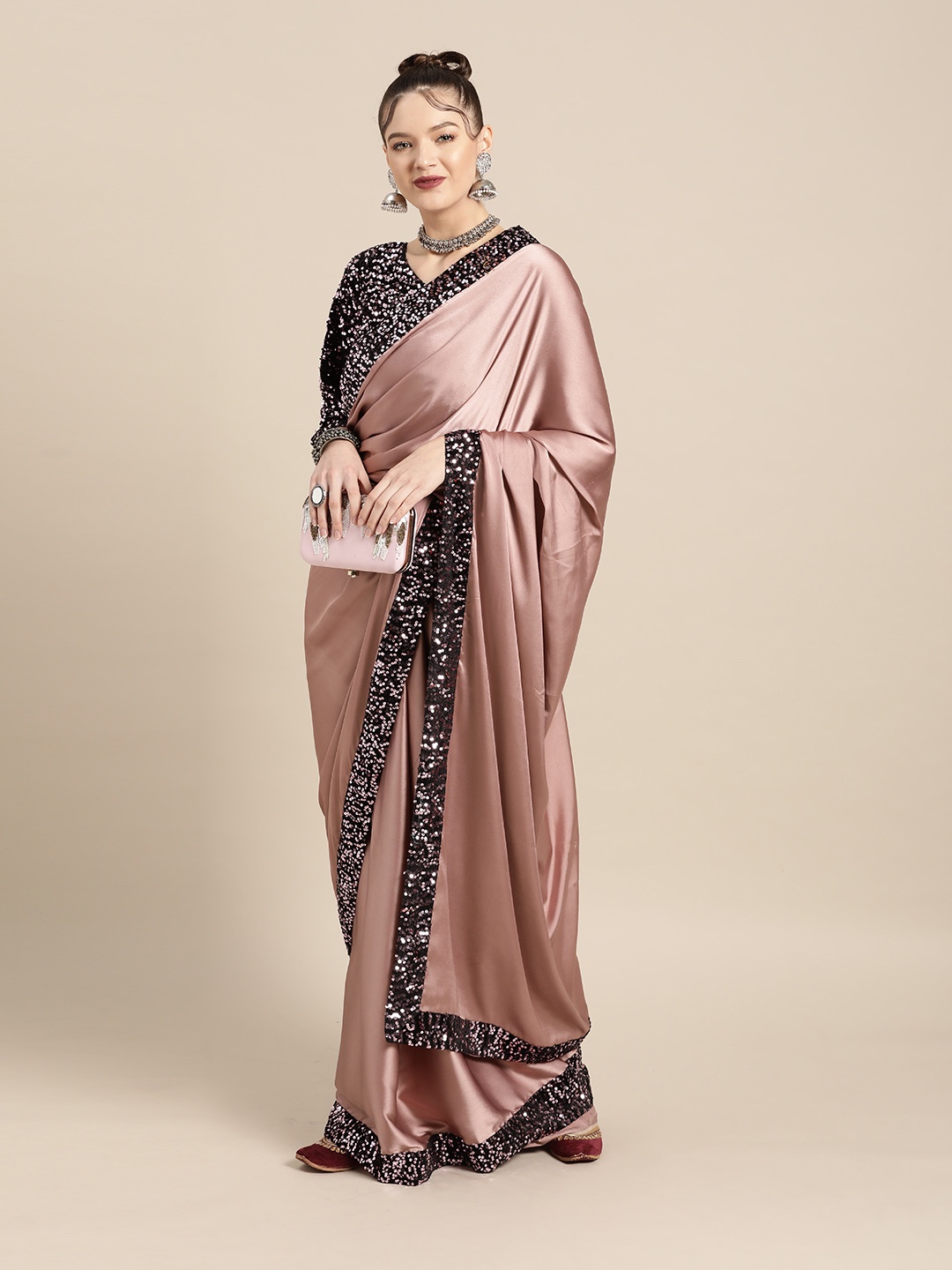

Tikhi Imli Peach-Coloured & Black Sequinned Saree