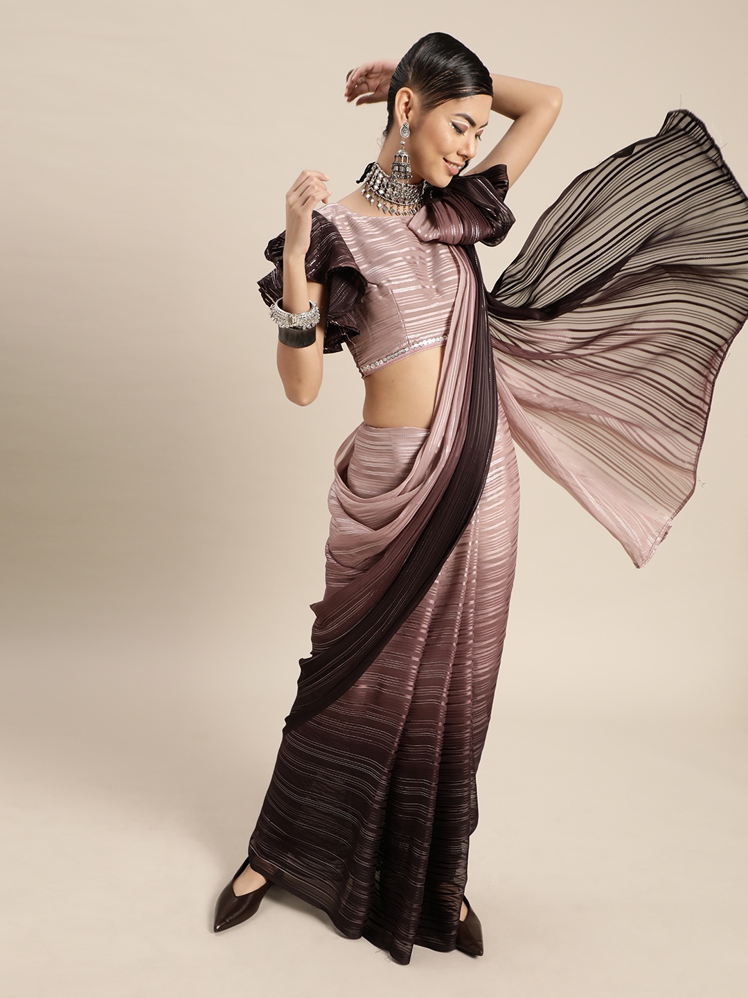 

Tikhi Imli Pink & Silver Striped Saree