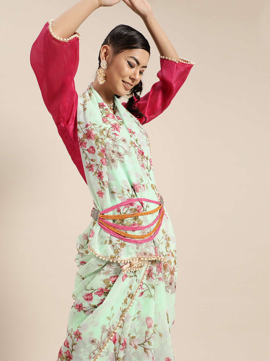 

Tikhi Imli Green & Pink Floral Print Saree