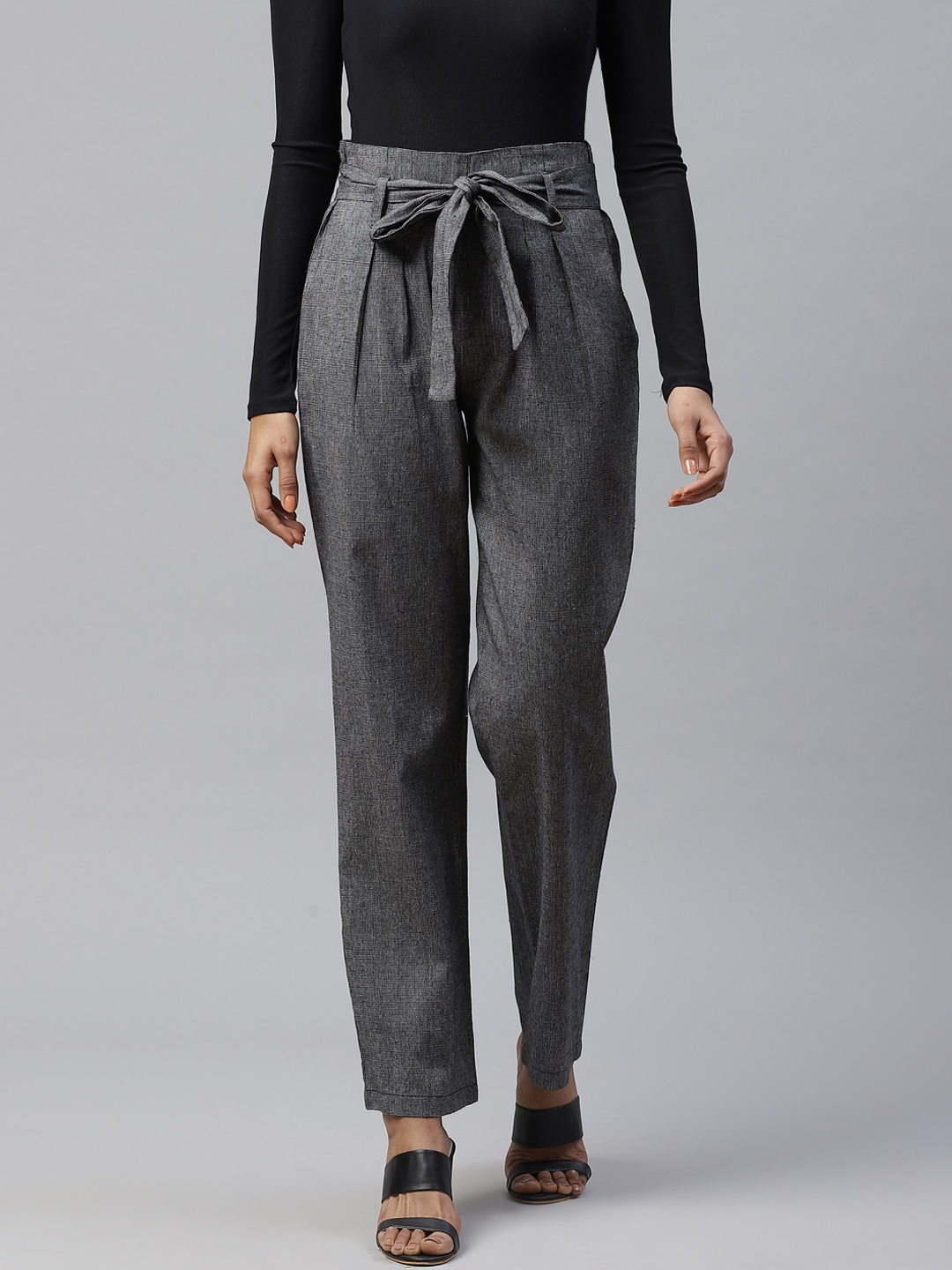 

Cottinfab Women Charcoal Grey Straight Fit Pure Cotton Solid Trousers with Belt
