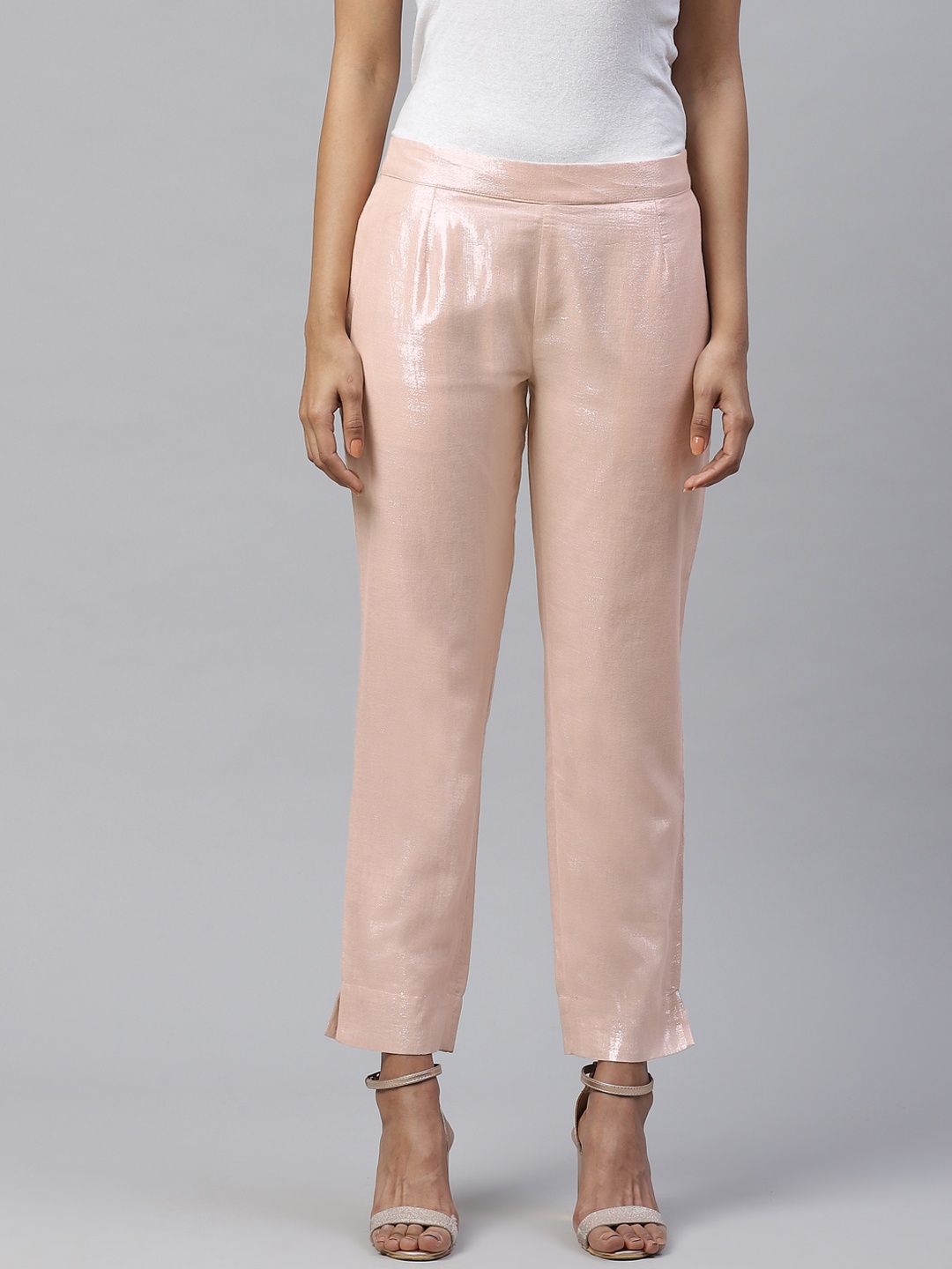 

Cottinfab Women Pink Shimmery Straight Fit Solid Trousers