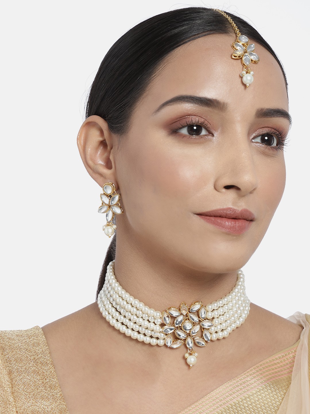 

I Jewels White Gold-Plated Kundan Embellished Jewellery Set