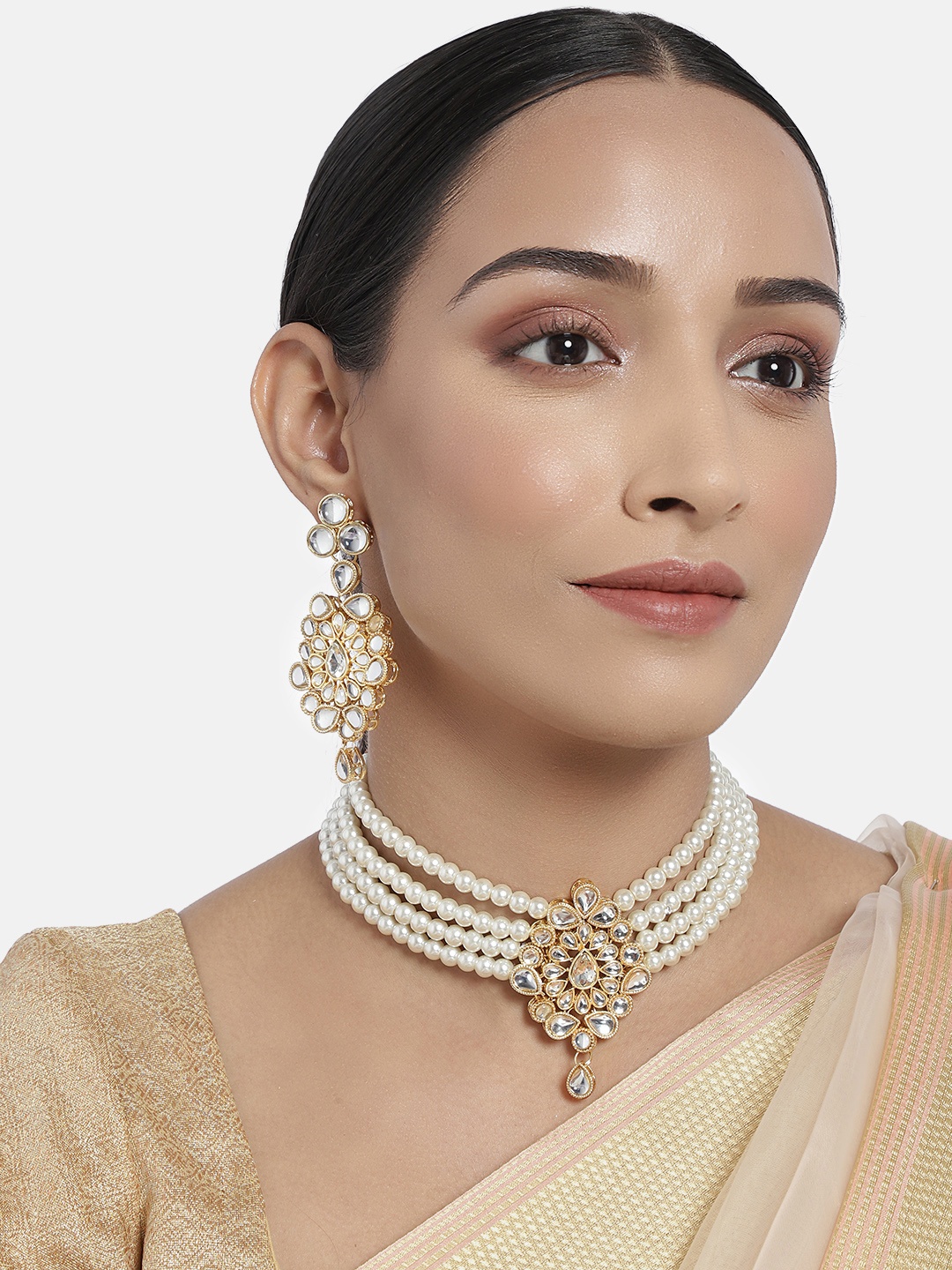 

I Jewels White Gold-Plated Kundan Studded Choker Jewellery Set