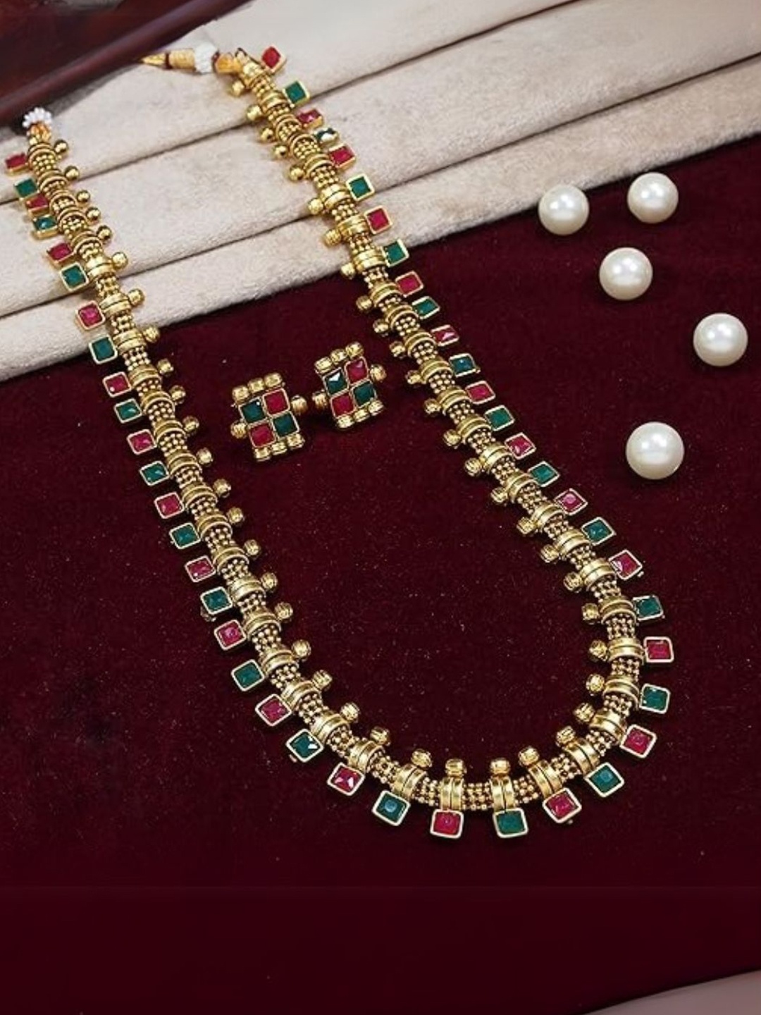 

I Jewels Gold-Plated Red & Green Antique Stone Studded Jewellery Set