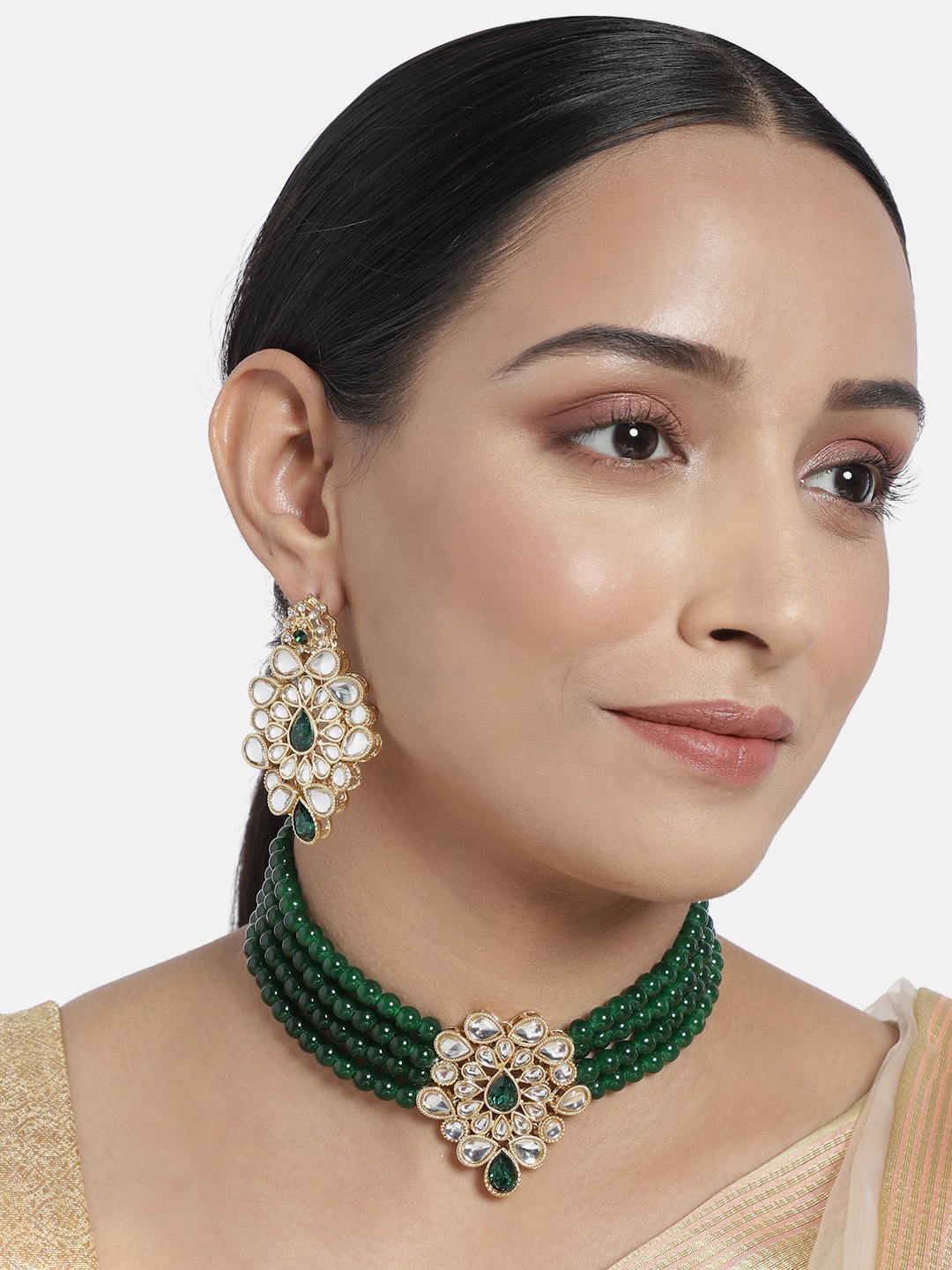 

I Jewels Green Gold Plated Kundan Studded Beaded Choker & Earring Jewellery Set