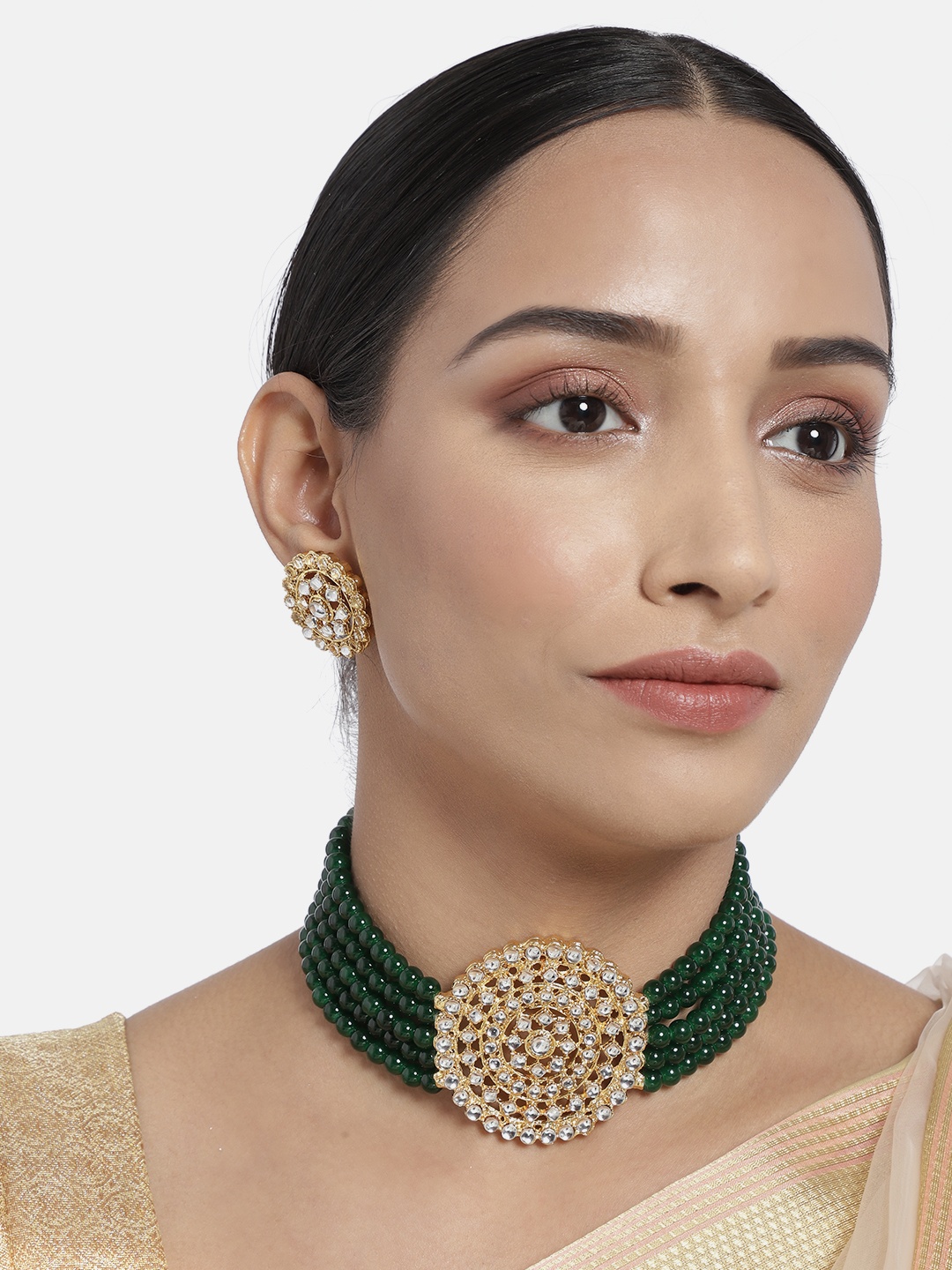 

I Jewels Green Gold Plated Beaded Choker & Earring Jewellery Set