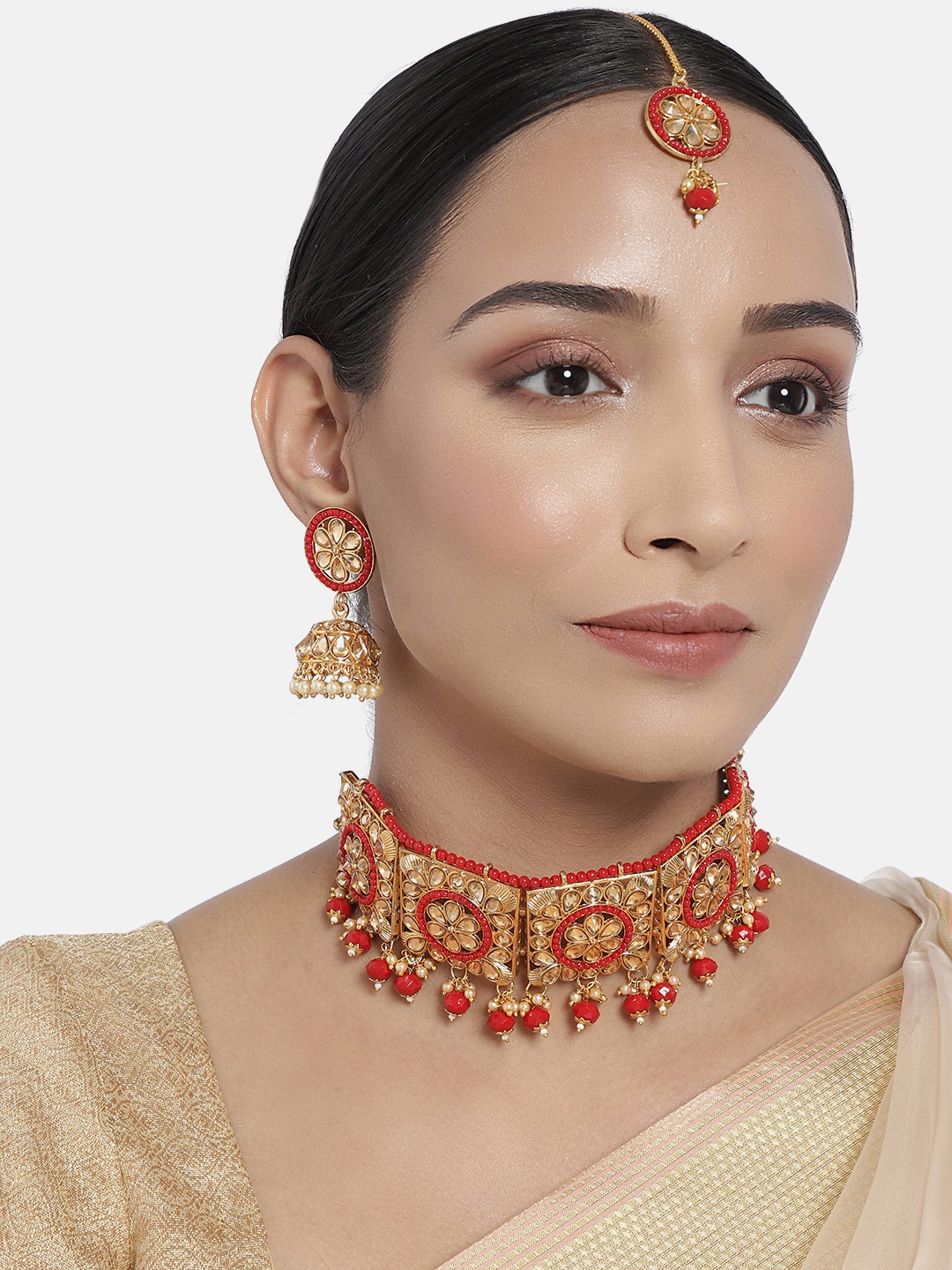 

I Jewels Red Gold-Plated Kundan Studded Choker Jewellery Set