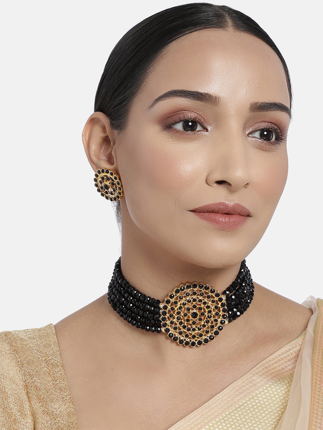 

I Jewels Black Gold-Plated Beaded Choker Jewellery Set