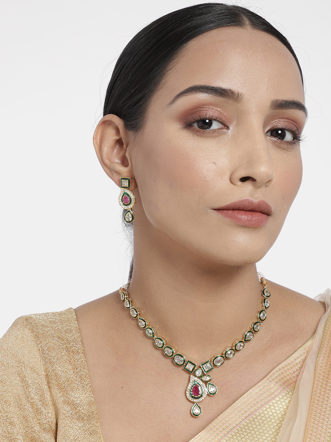 

I Jewels Gold-Plated White & Green Kundan & CZ Studded Jewellery Set