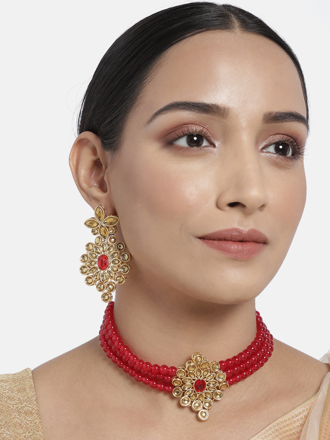 

I Jewels Red Gold Plated Kundan Studded Choker & Earring Jewellery Set, Maroon