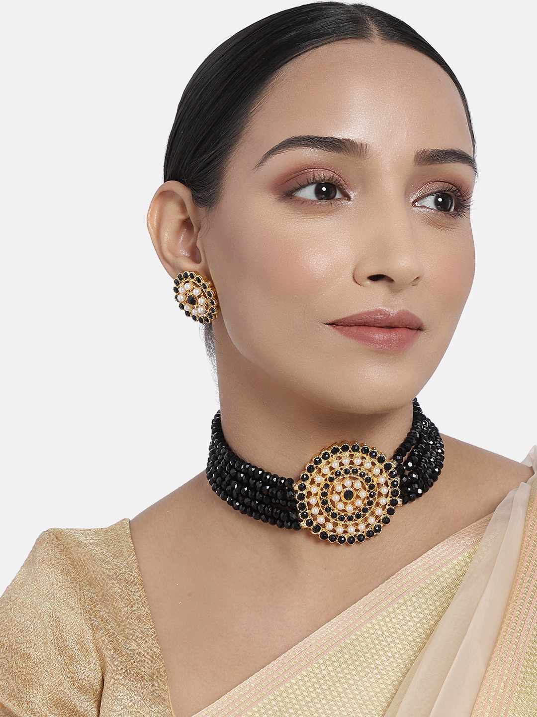 

I Jewels Black Gold-Plated Beaded Choker Jewellery Set