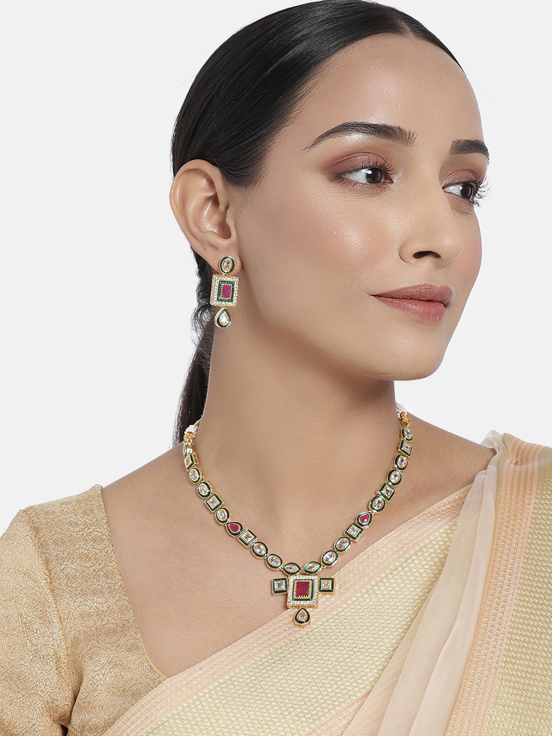 

I Jewels Gold-Plated White & Green Kundan & CZ Studded Jewellery Set