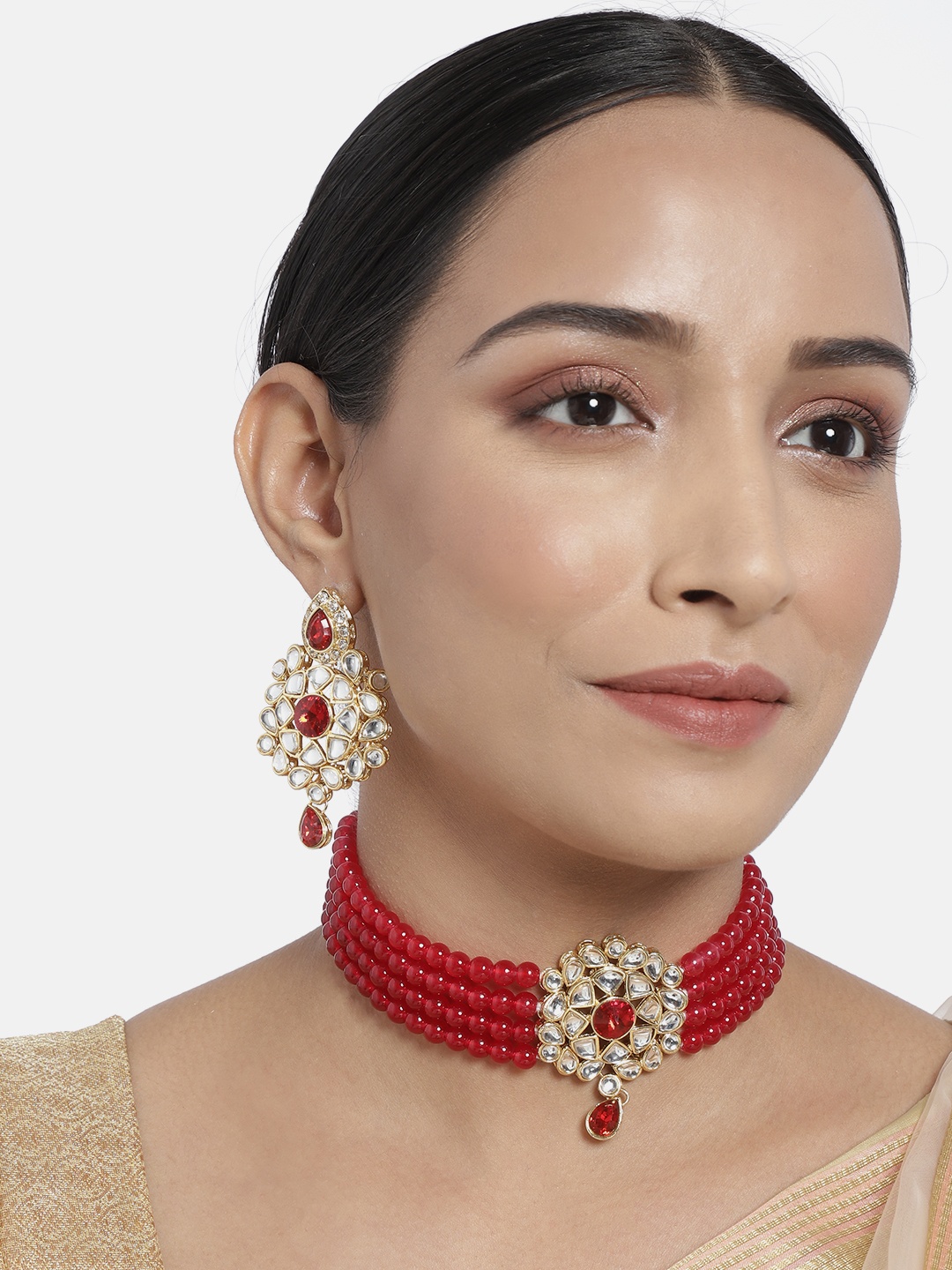 

I Jewels Red Gold Plated Kundan Studded Choker & Earrings Jewellery Set