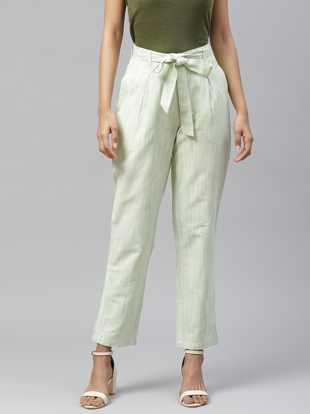 

Tulsattva Women Green & Off-White Relaxed Tapered Fit Striped Cotton Peg Trousers