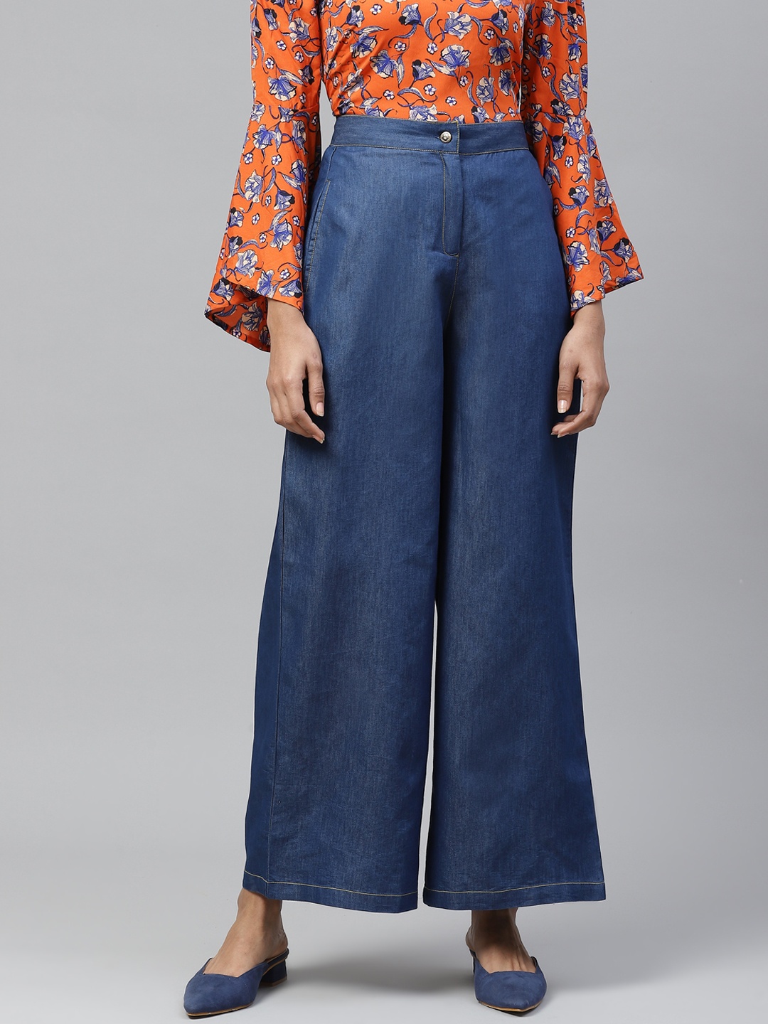 

Tulsattva Women Blue Smart Flared Solid Pure Cotton Denim Parallel Trousers