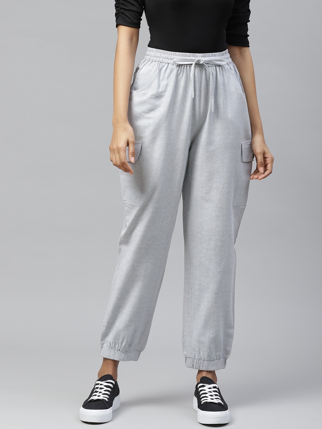 Tulsattva Women Grey Melange Relaxed Regular Fit Cotton Self Design Joggers