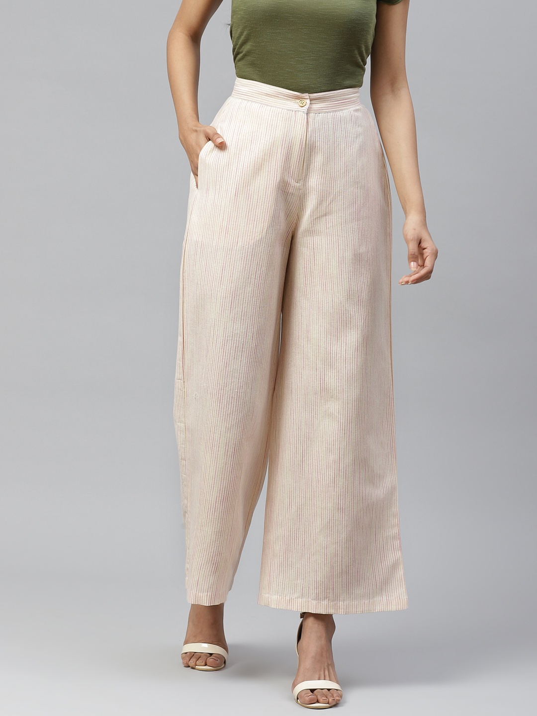 

Tulsattva Women Yellow & Pink Smart Flared Striped Pure Cotton Parallel Trousers