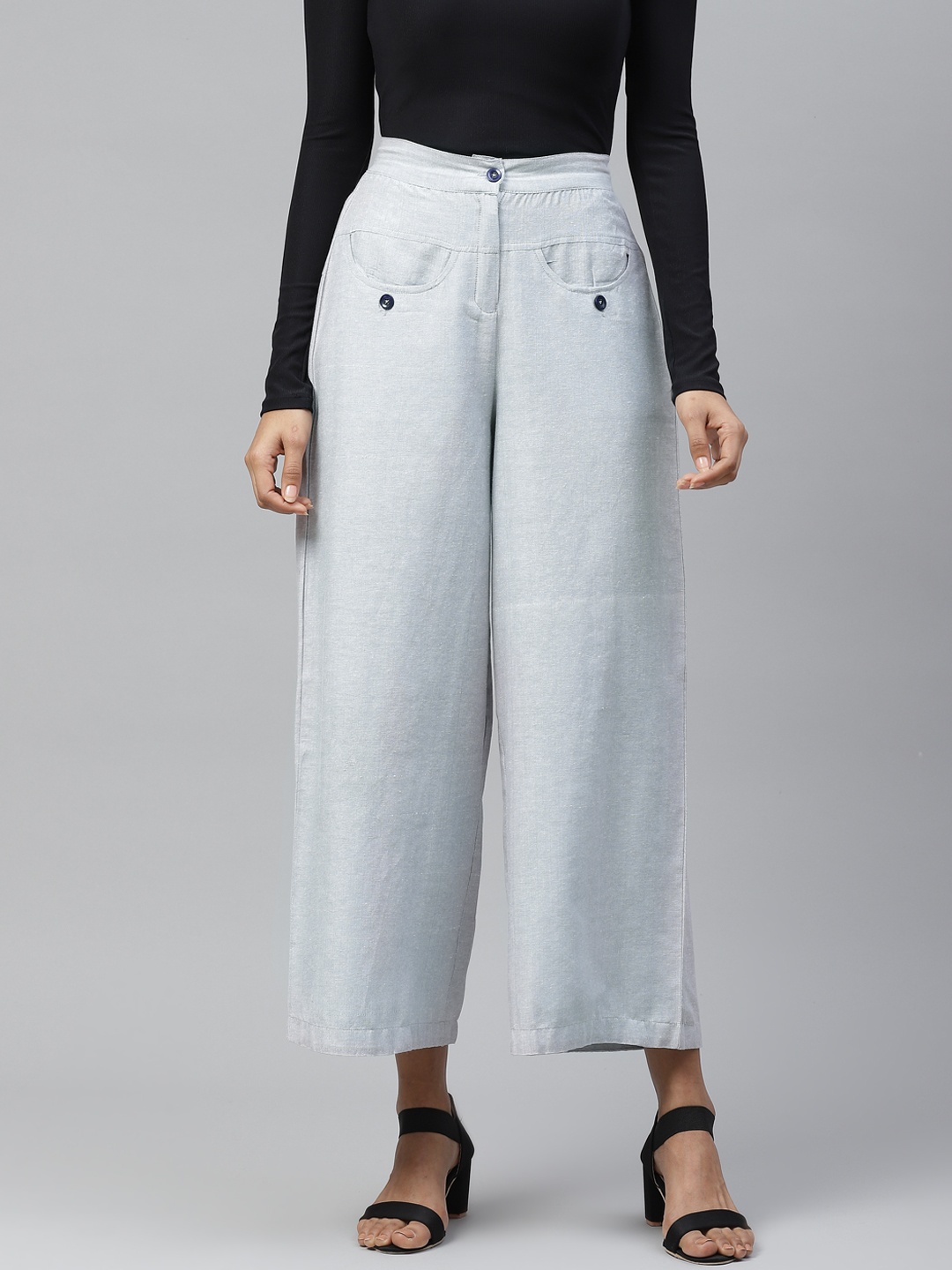 Tulsattva Women Grey Loose Fit Self Design Cotton Parallel Trousers