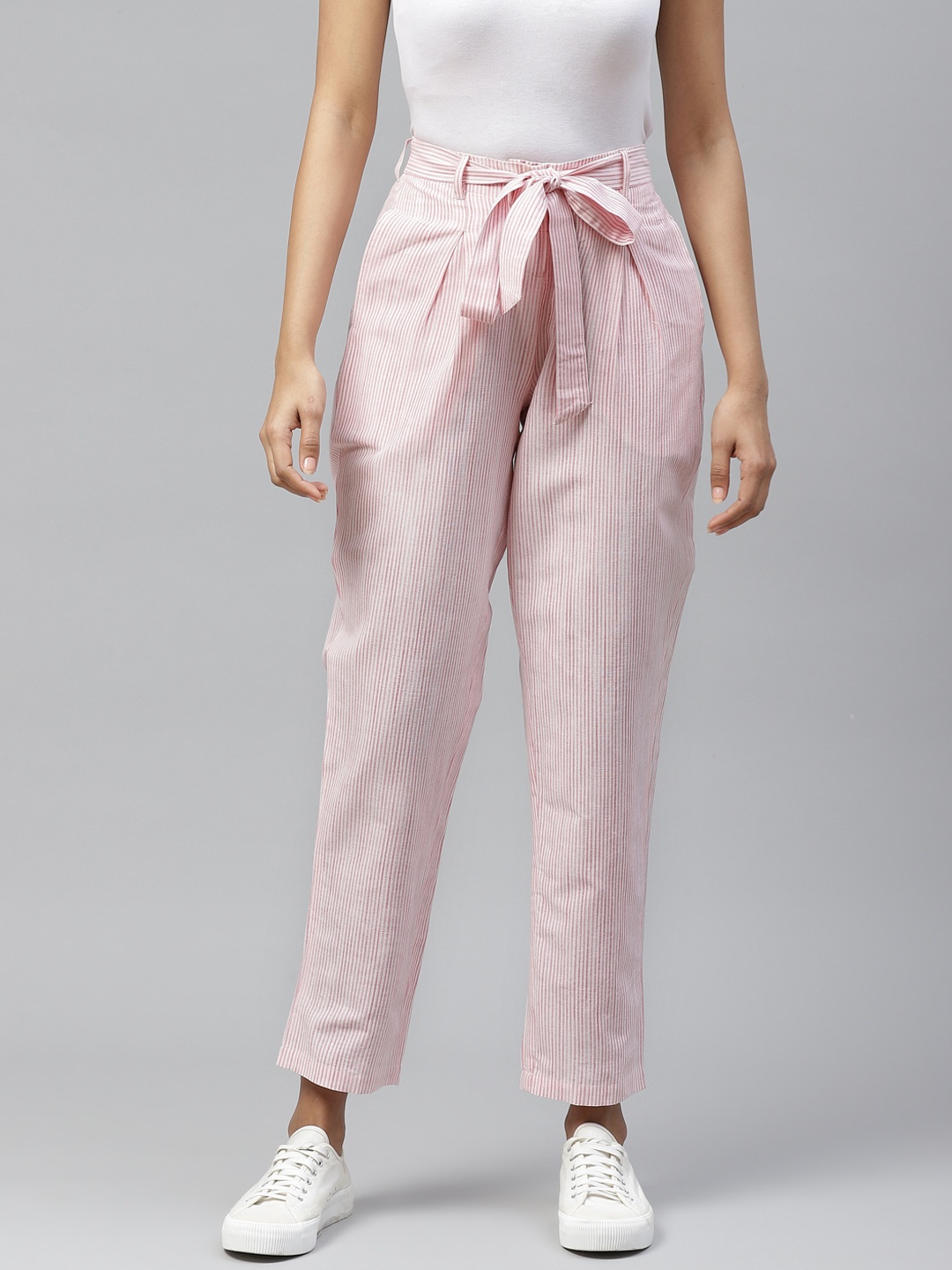 

Tulsattva Women Pink & Off-White Relaxed Tapered Fit Striped Cotton Peg Trousers