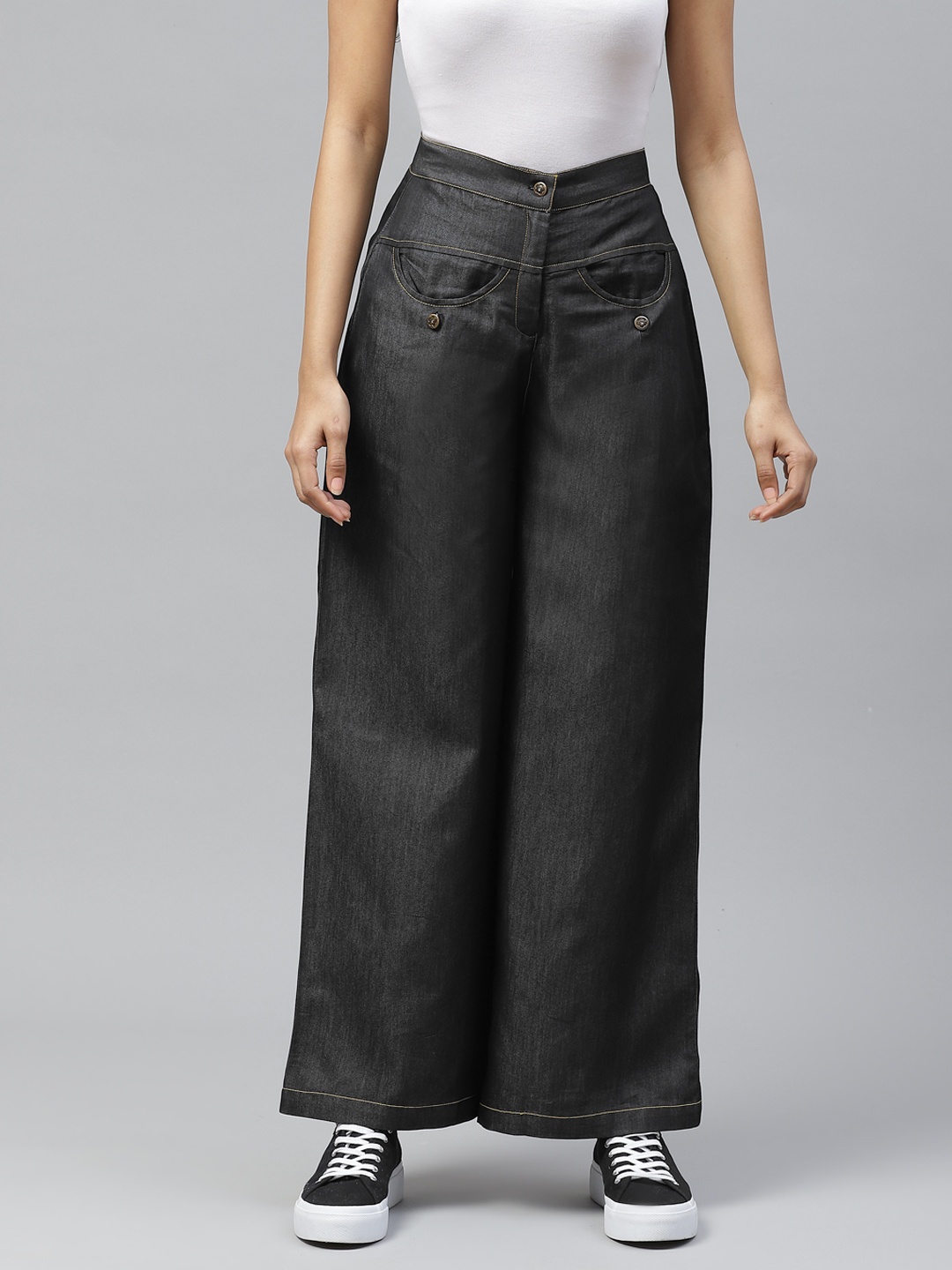 

Tulsattva Women Black Loose Fit Solid Denim Parallel Trousers