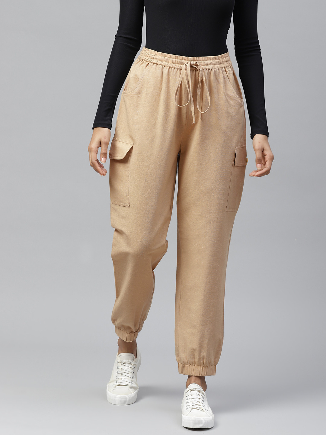 

Tulsattva Women Beige Relaxed Regular Fit Self Design Cotton Joggers