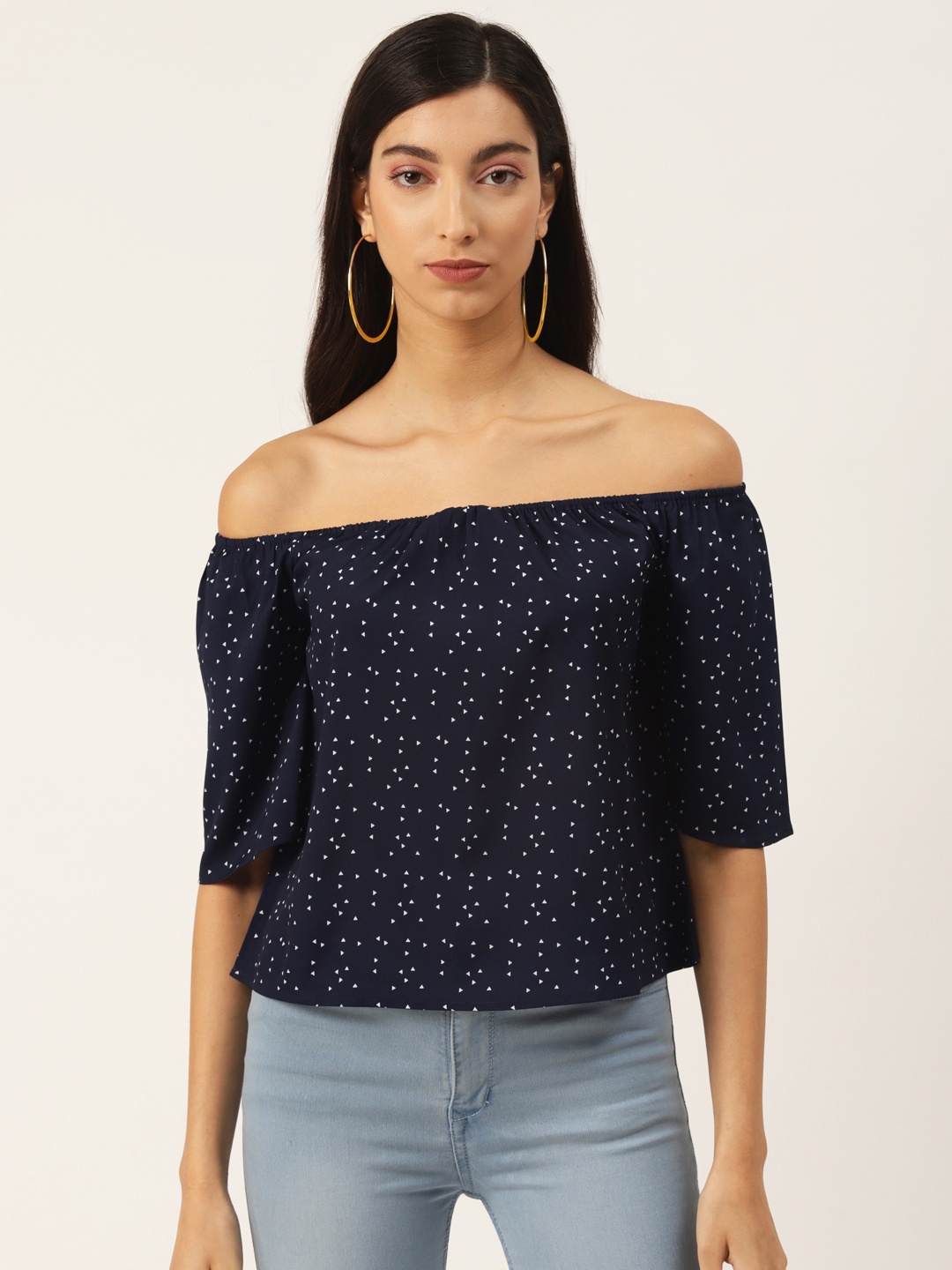 

Rue Collection Navy Blue & White Geometric Print Off-Shoulder Bardot Top