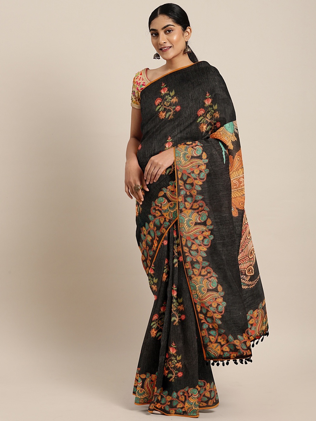 

aamna Black & Orange Silk Cotton Printed Chanderi Saree