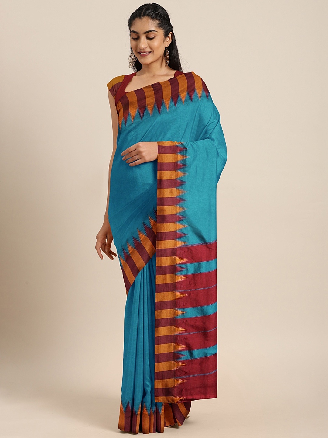 

aamna Teal Blue Art Silk Solid Mysore Silk Handloom Saree