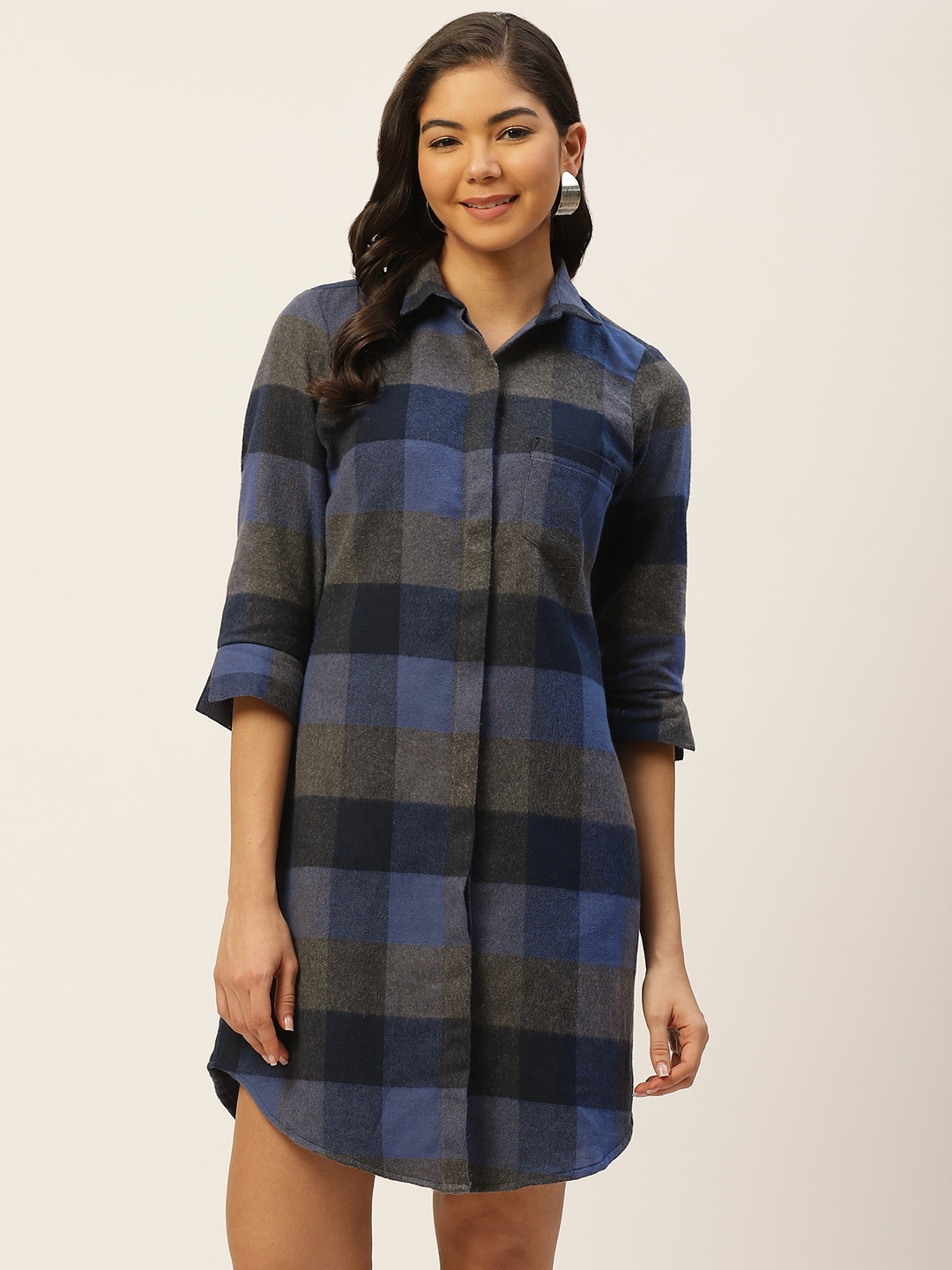

Hancock Women Blue & Charcoal Grey Checked Pure Cotton Shirt Dress