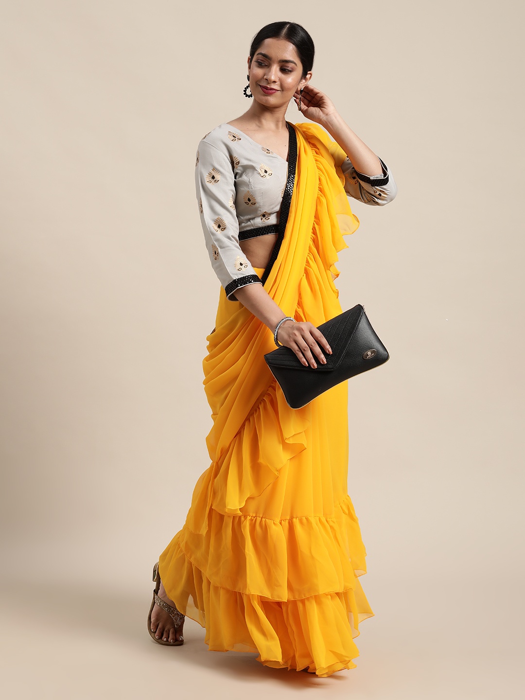 

Ethnovog Ruffled Saree With Stitched Blouse, Grey