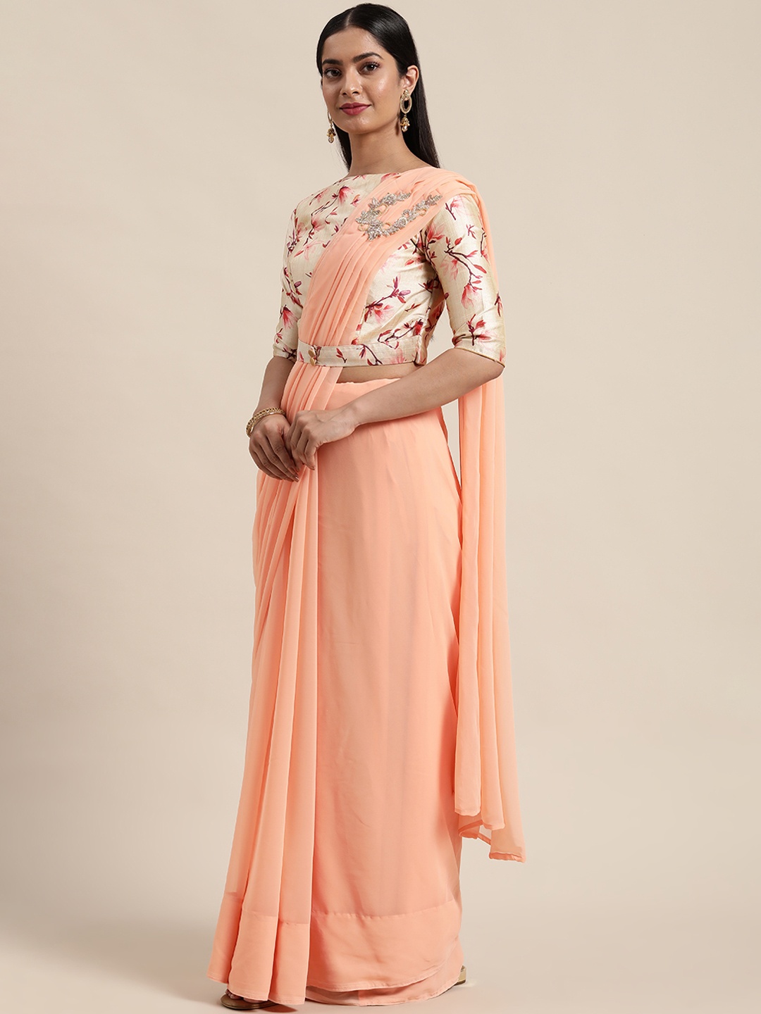 

Ethnovog Saree With Stitched Blouse, Beige