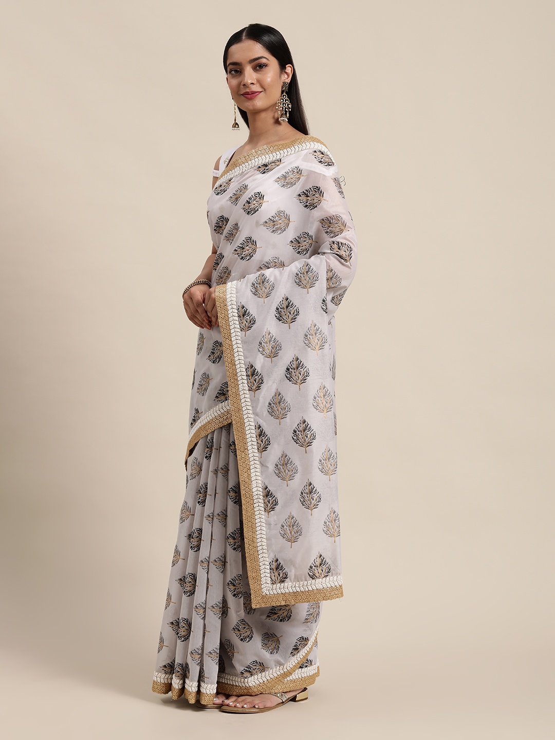 

Ethnovog White Green Ethnic Motifs Banarasi Saree