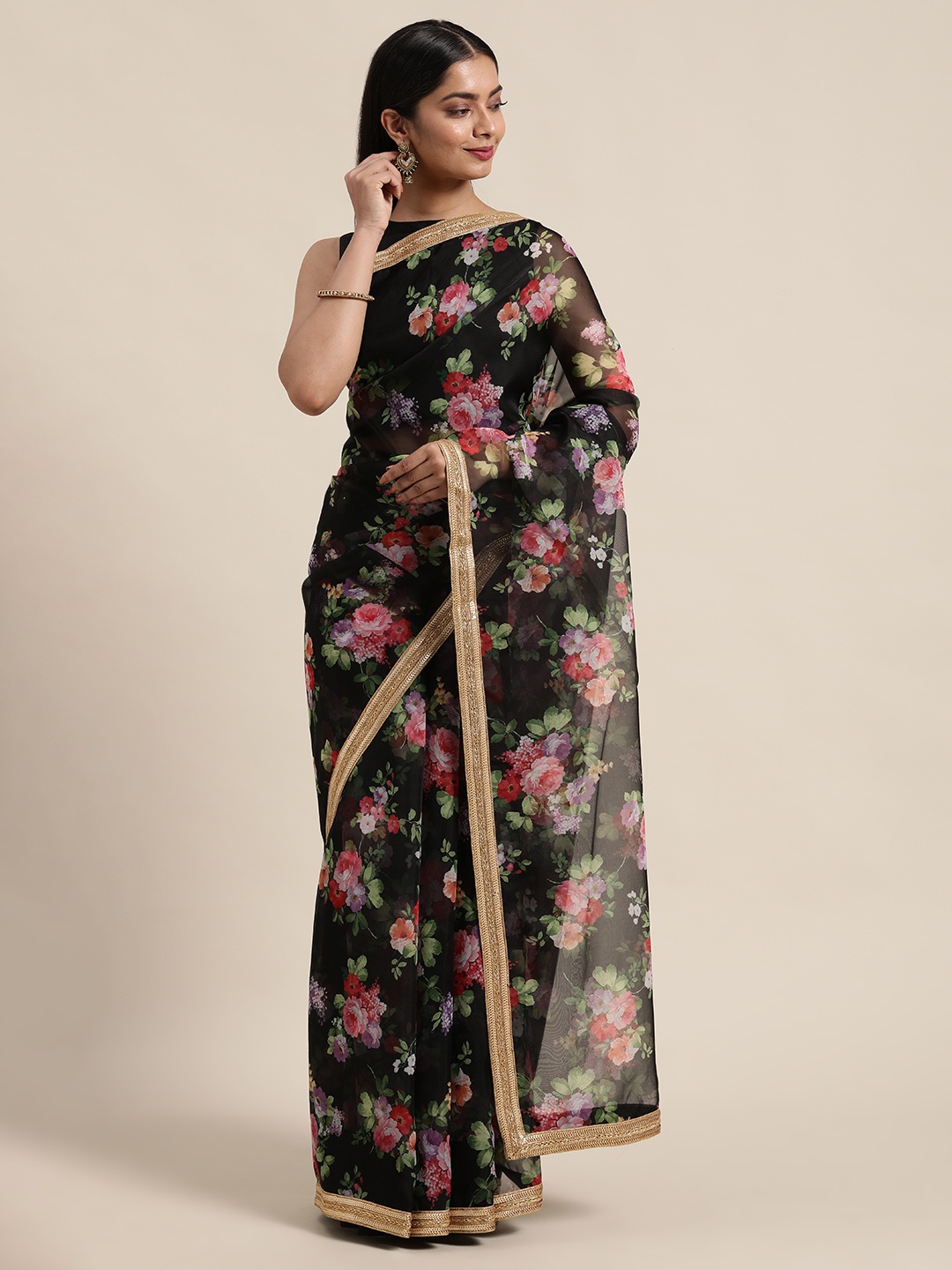 

Ethnovog Black Floral Zari Organza Saree