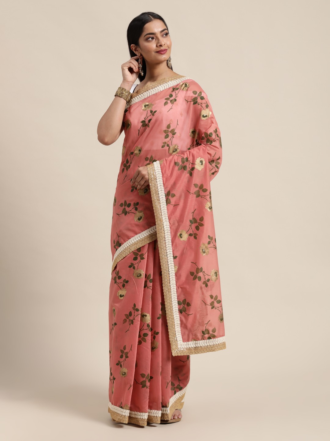 

Ethnovog Floral Silk Blend Saree With Stitched Blouse, Pink