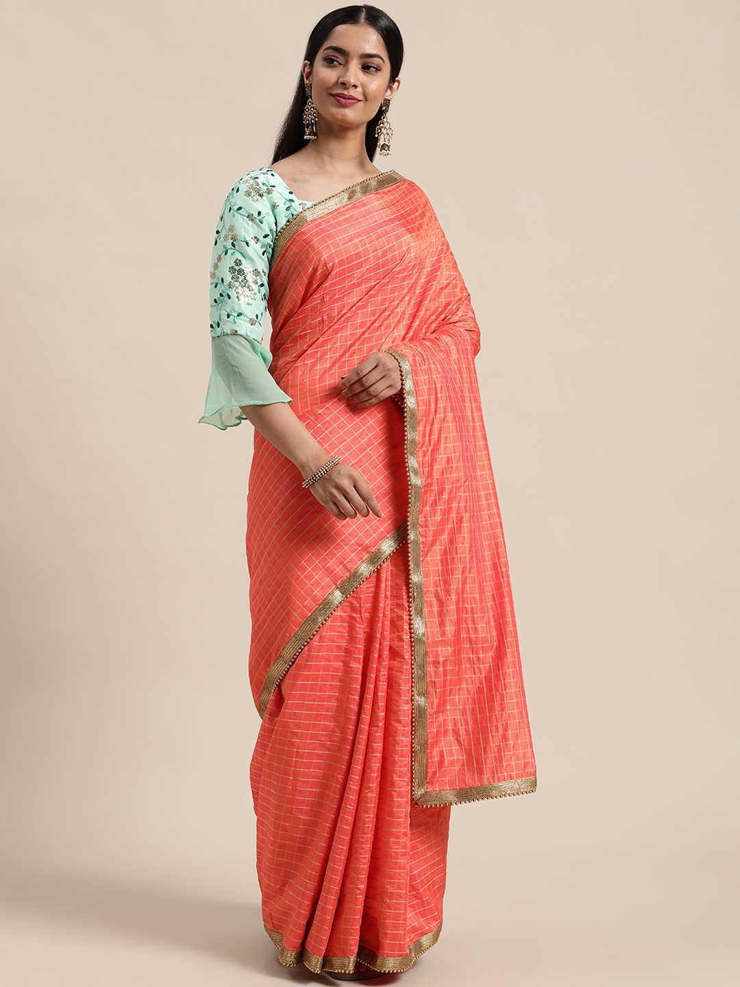 

Ethnovog Peach Gold-Toned Checked Zari Saree