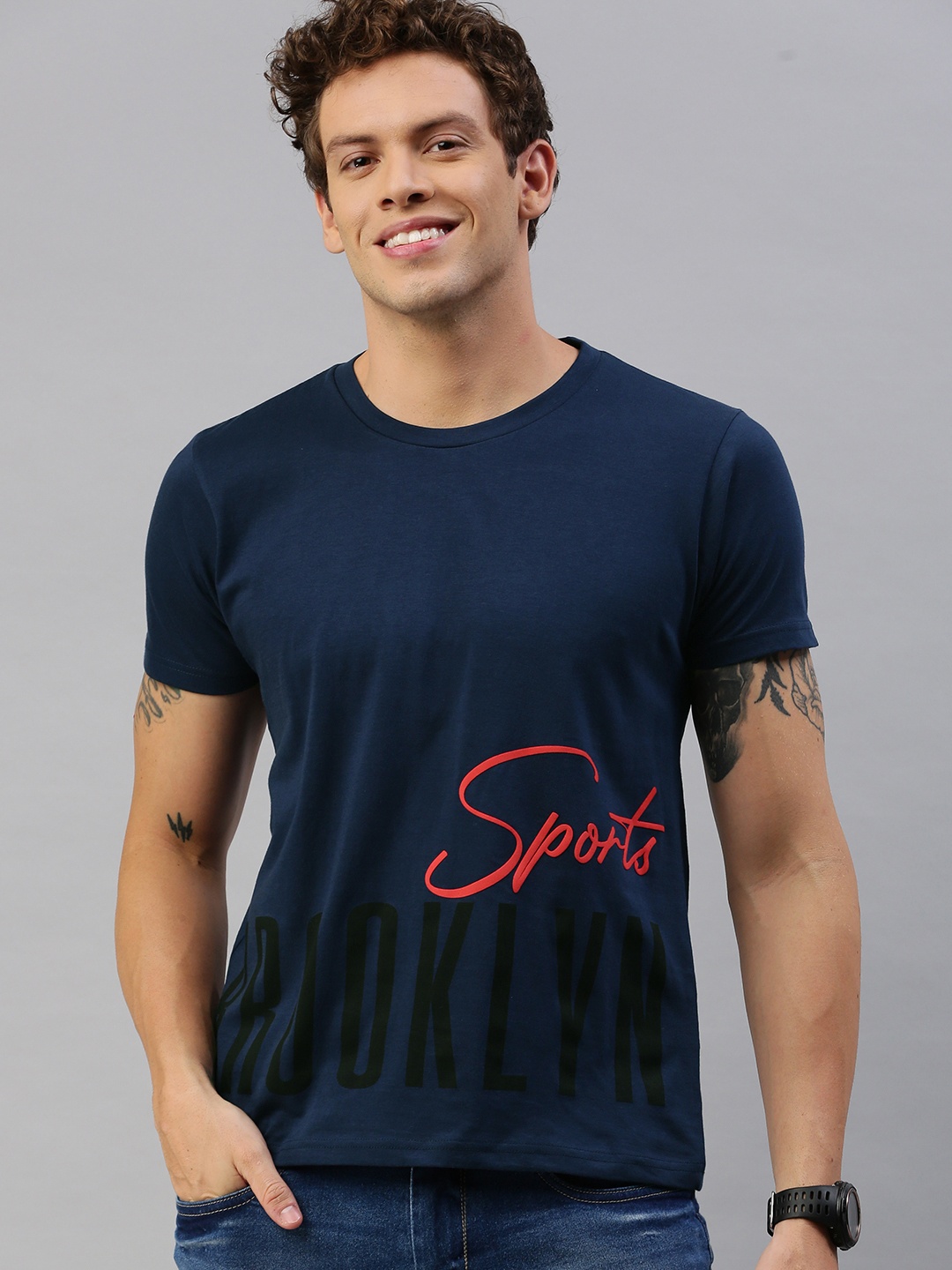 

HERENOW Men Navy Blue Printed Round Neck Pure Cotton T-shirt