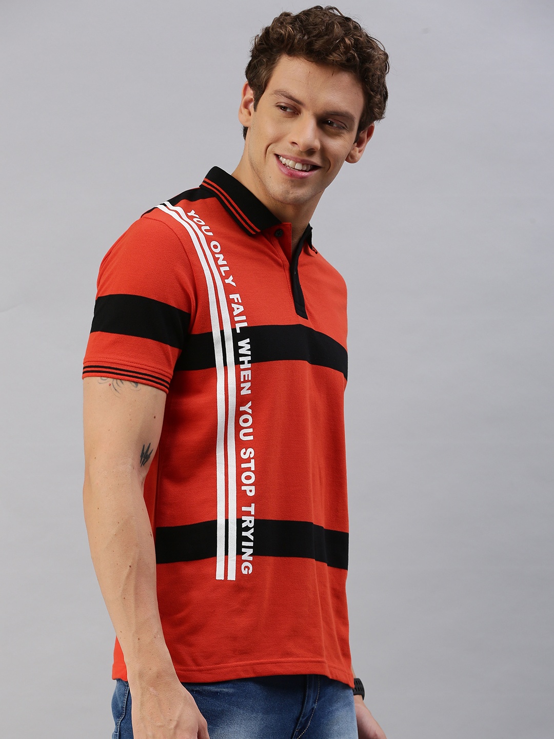 

HERE&NOW Men Red & Black Striped Polo Collar T-shirt