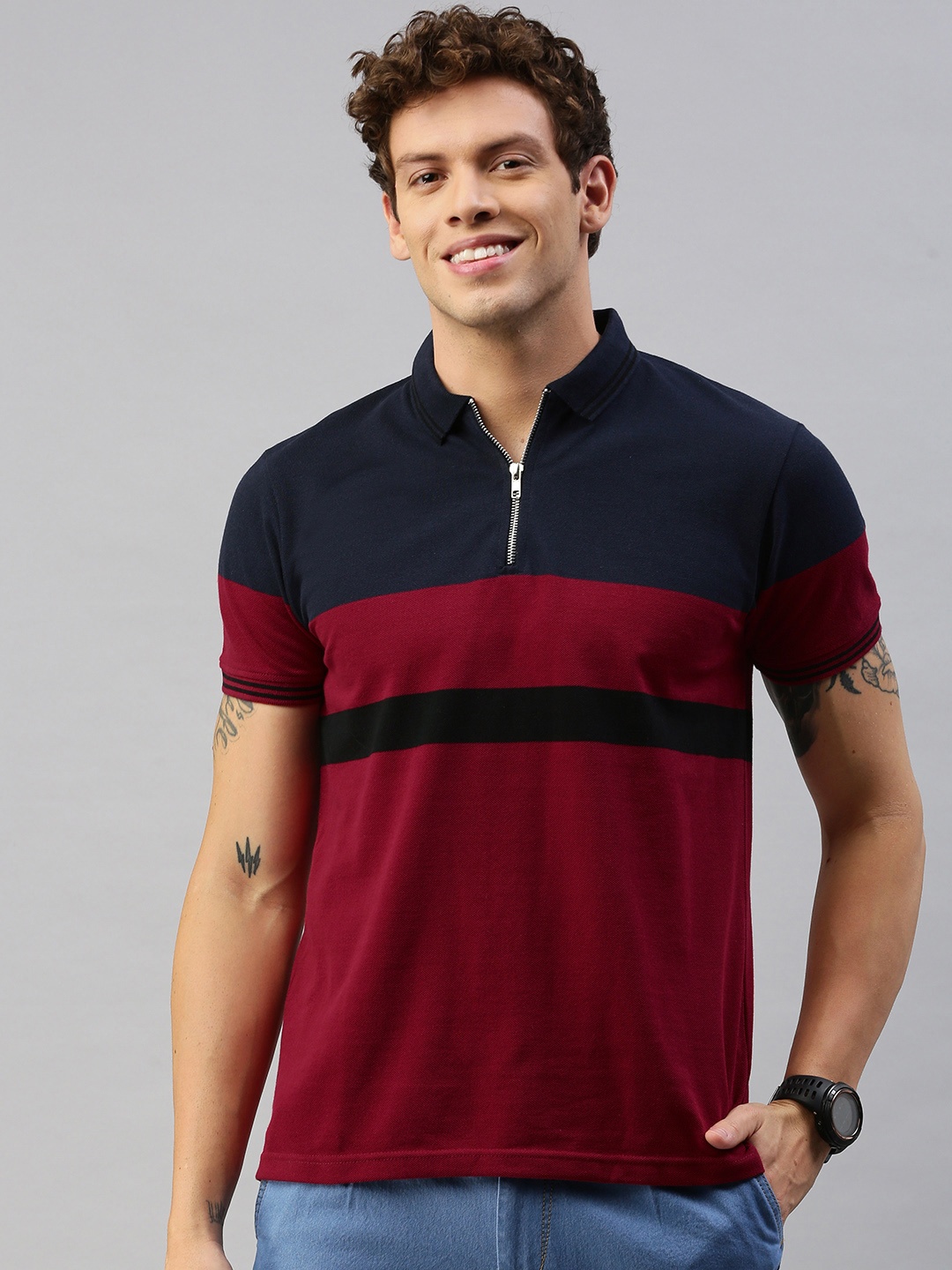 

HERENOW Men Maroon Navy Blue Colourblocked Polo Collar T-shirt