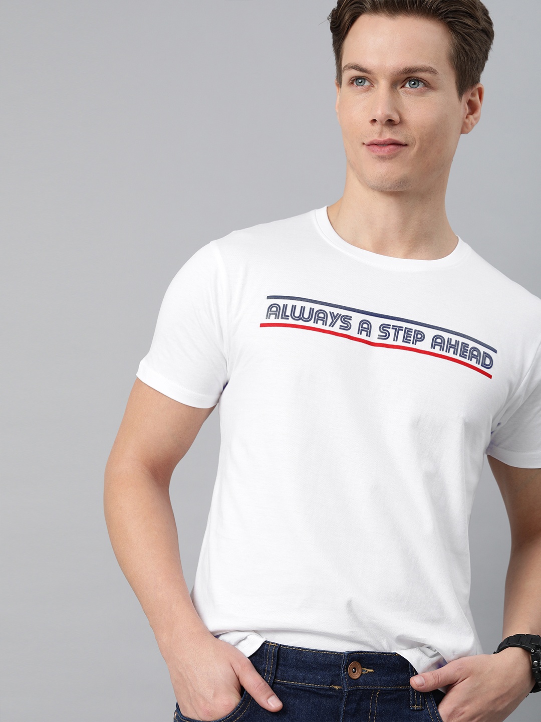 

HERENOW Men White Typography Printed Pure Cotton T-shirt