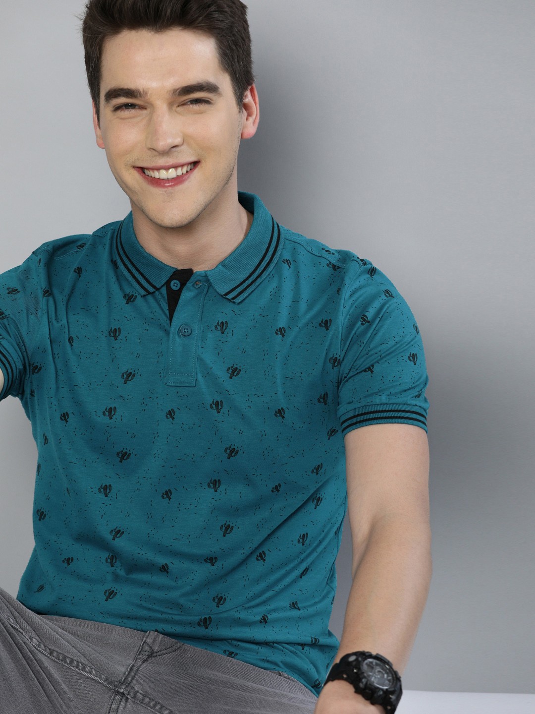 

HERENOW Men Teal Blue Black Conversational Printed Polo Collar Pure Cotton T-shirt